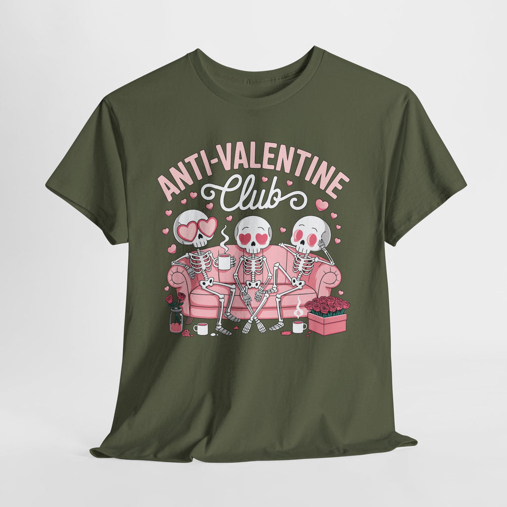 Anti-Valentine Club Skeleton Tee — Anti-Romance Pink Couch Graphic Unisex Cotton T-Shirt