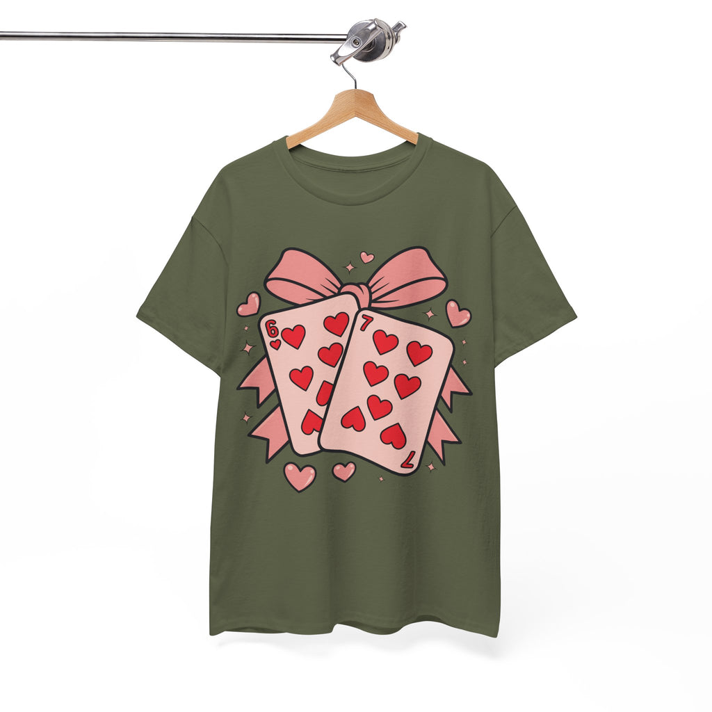 6 & 7 of Hearts T-Shirt — Paired Playing Cards with Pink Bow Unisex Cotton Tee