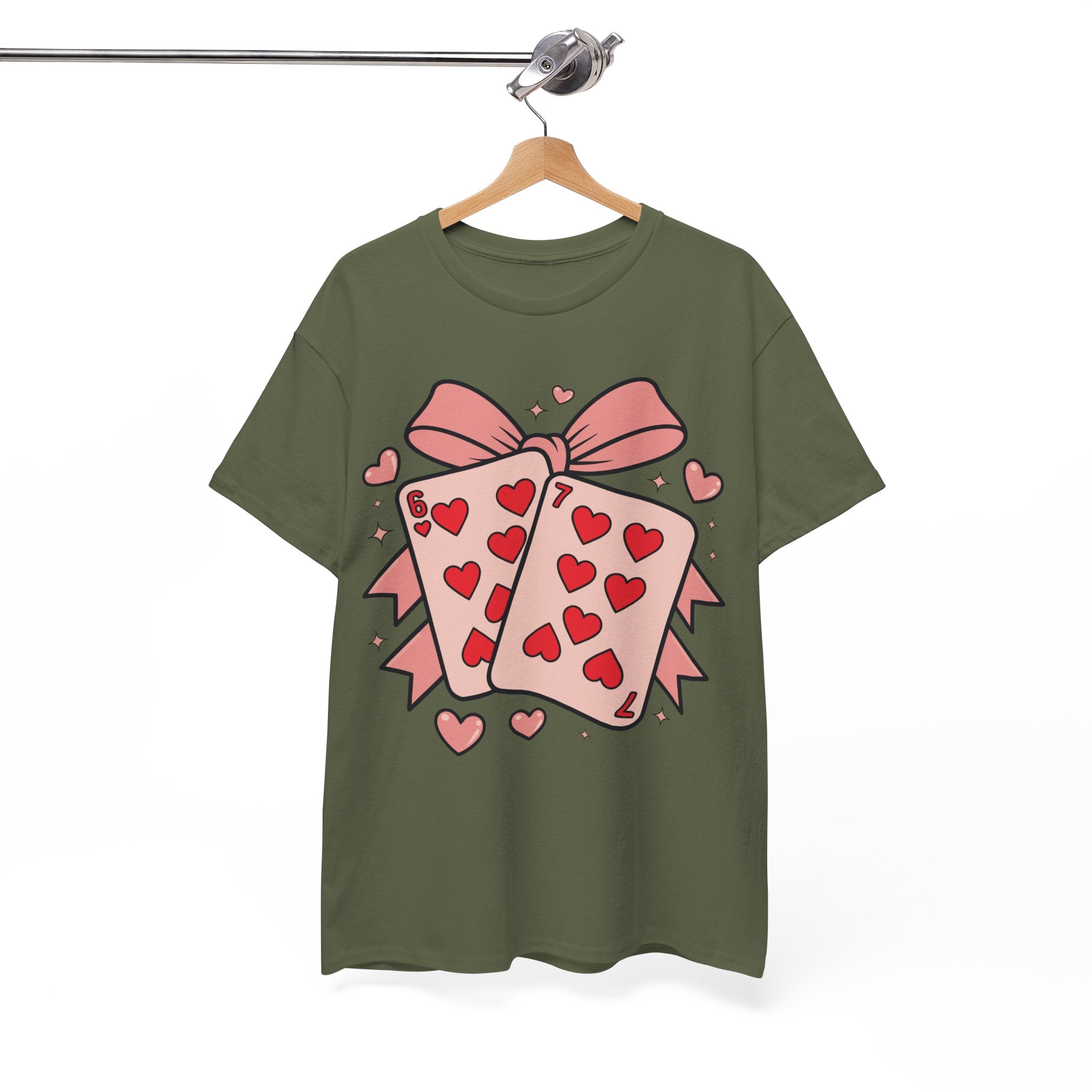 6 & 7 of Hearts T-Shirt — Paired Playing Cards with Pink Bow Unisex Cotton Tee