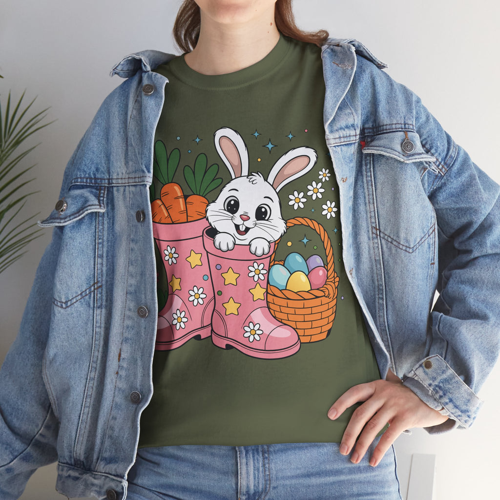 Easter Bunny in Pink Rain Boots T-Shirt — Cartoon Bunny, Carrots & Colorful Eggs Unisex Cotton Tee