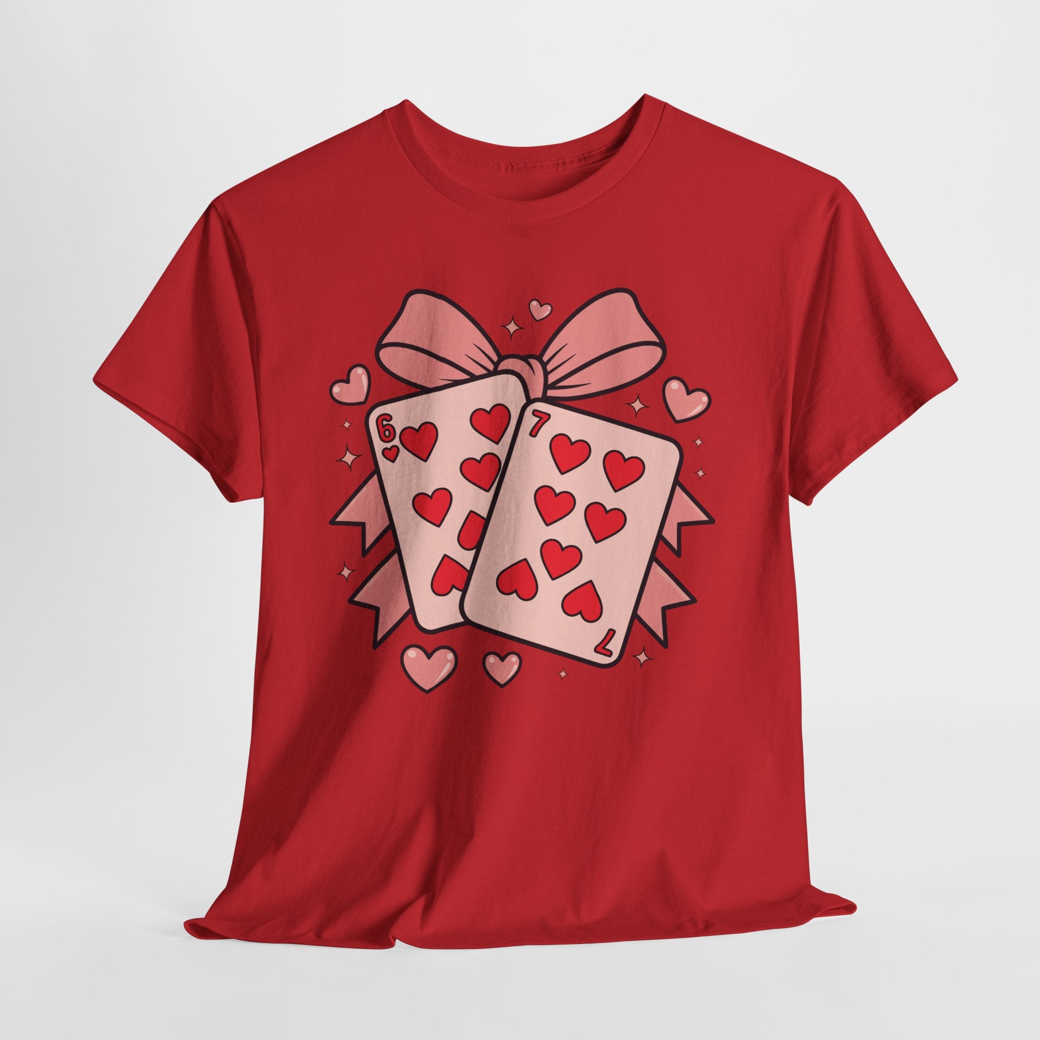 6 & 7 of Hearts T-Shirt — Paired Playing Cards with Pink Bow Unisex Cotton Tee