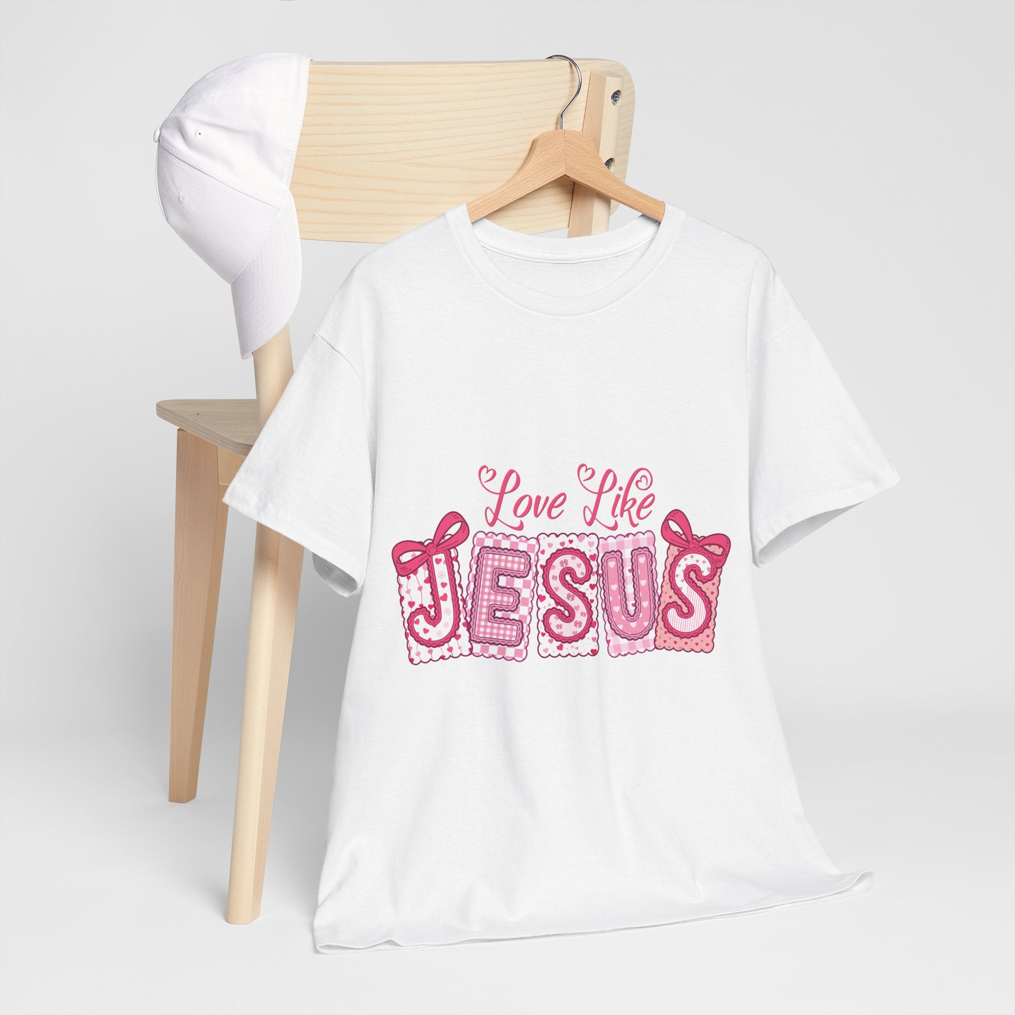 Love Like Jesus Patchwork Tee — Pink Stitched Heart Graphic.Unisex Cotton Tee