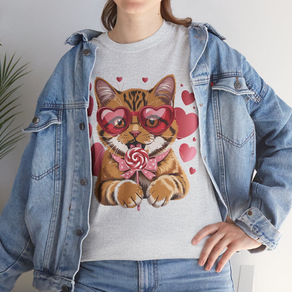 Valentine Cat Tee — Heart Glasses, Lollipop Bow Unisex Cotton Tee