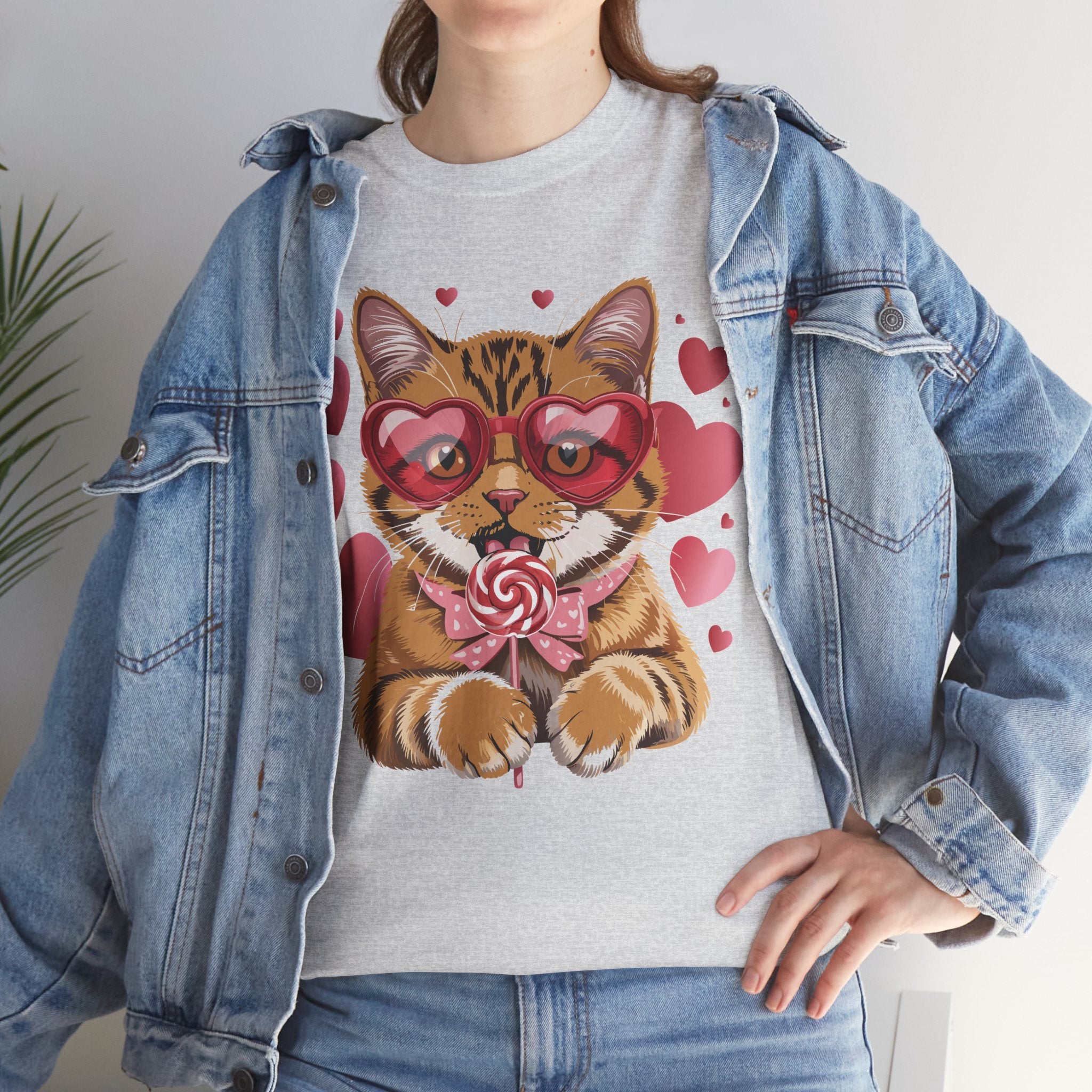 Valentine Cat Tee — Heart Glasses, Lollipop Bow Unisex Cotton Tee