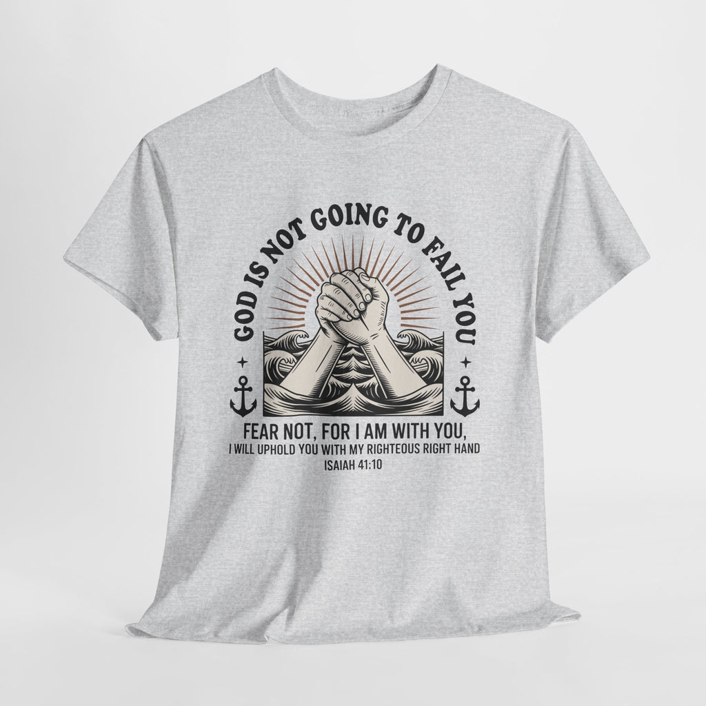 Isaiah 41:10 "Fear Not, For I Am With You" T-Shirt — Clasped Hands Rising from Waves Christian Unisex Cotton Tee