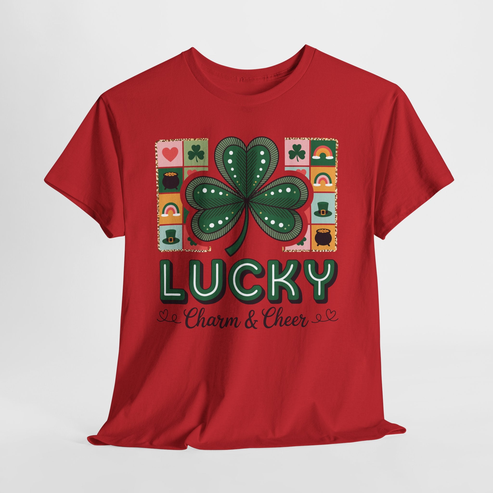 Lucky Charm & Cheer Clover Tee — Patchwork St. Patrick’s Day Unisex Cotton T-Shirt