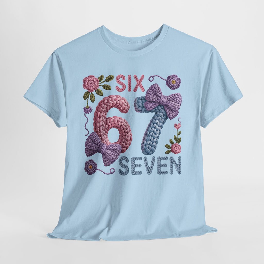 Pastel Crochet Numbers 6 & 7 Tee — Faux-Yarn Bows & Flowers. Unisex Cotton Tee