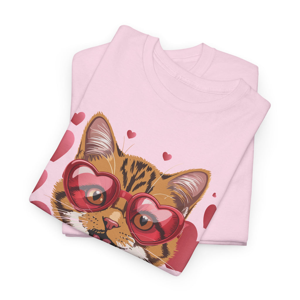 Valentine Cat Tee — Heart Glasses, Lollipop Bow Unisex Cotton Tee