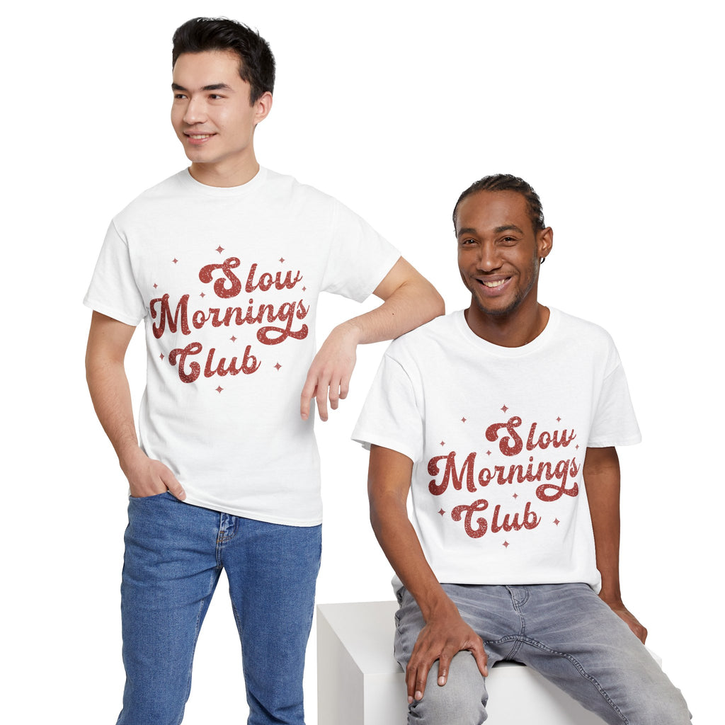 Slow Mornings Club T-Shirt — Retro Red Sparkle Unisex Cotton Tee
