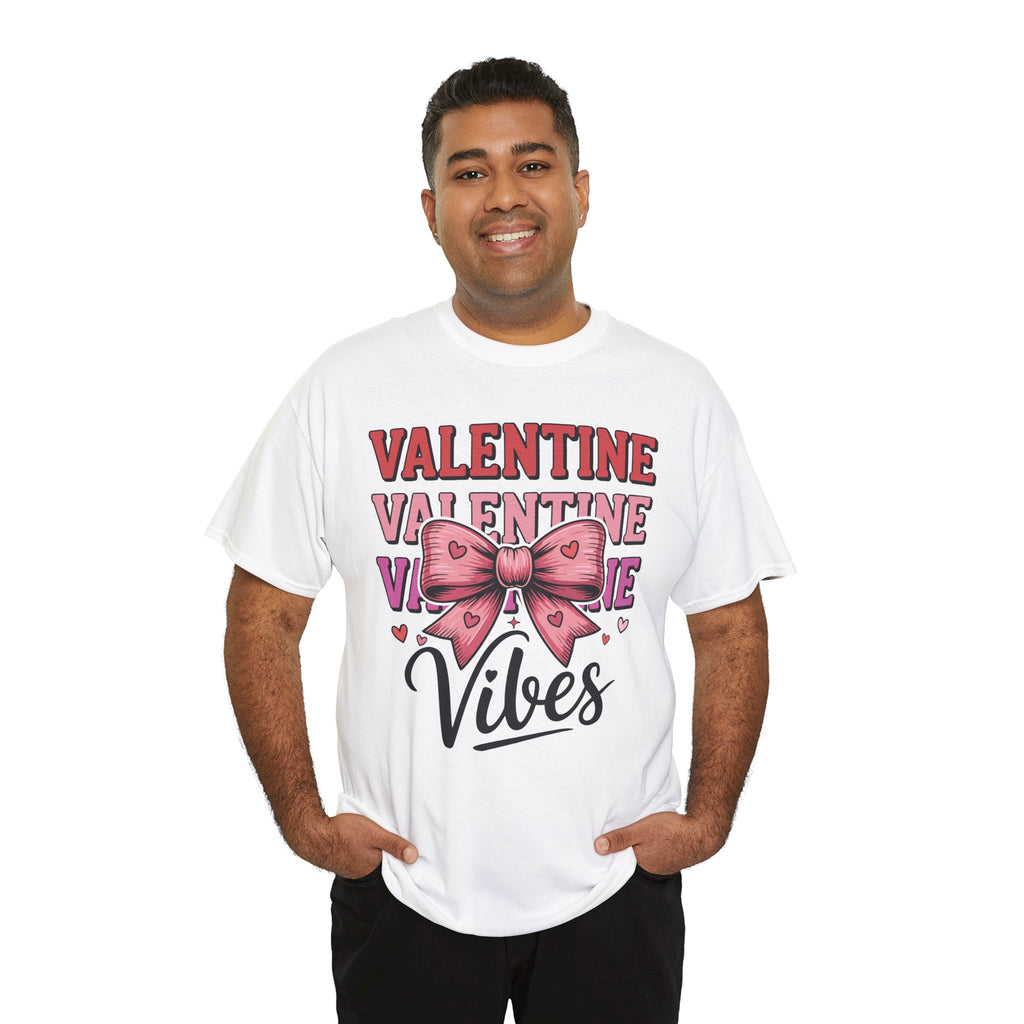 Valentine Vibes T-Shirt — Pink Bow Heart Graphic Unisex Cotton Tee