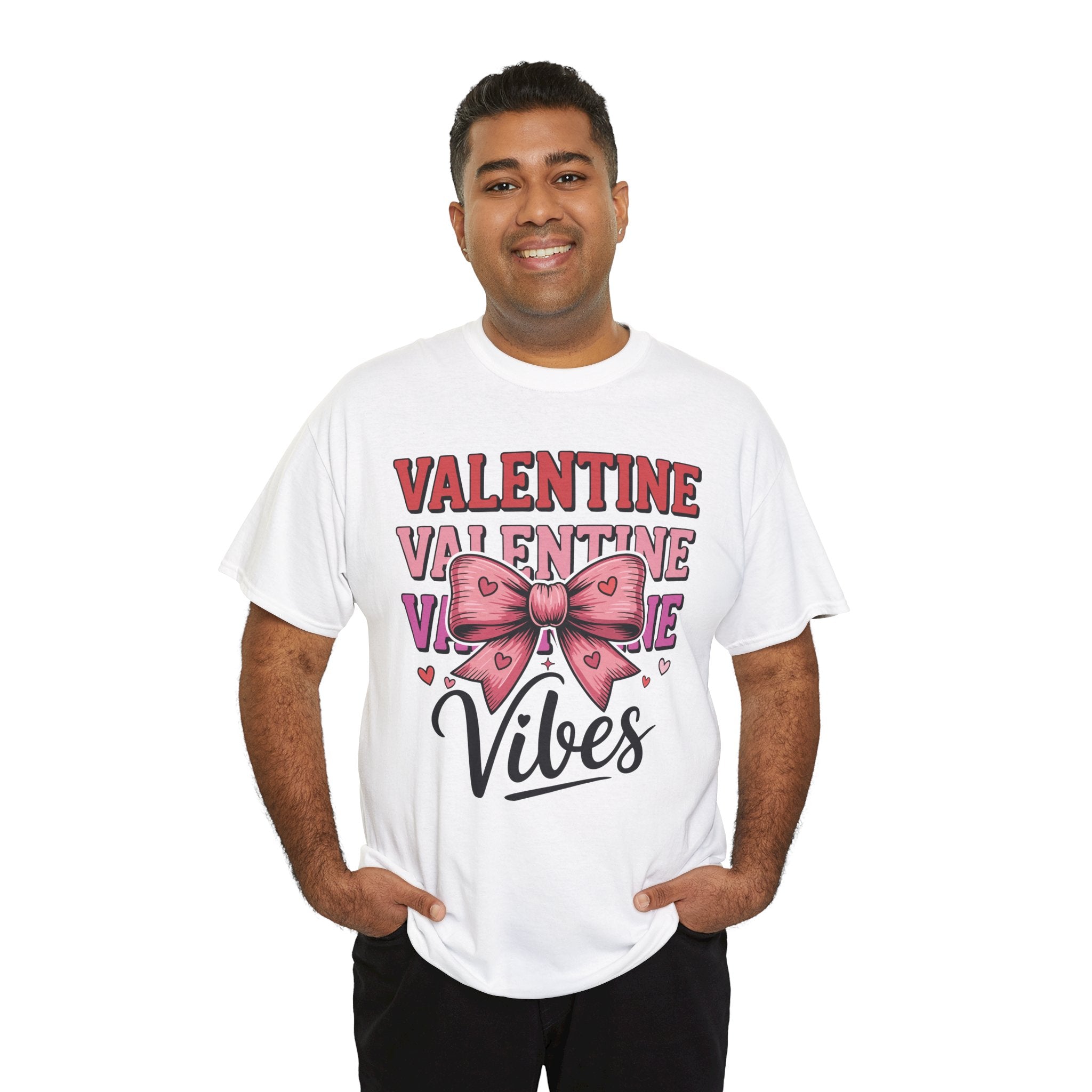 Valentine Vibes T-Shirt — Pink Bow Heart Graphic Unisex Cotton Tee