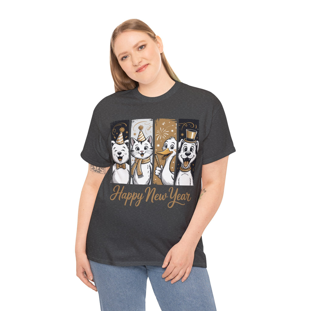 Happy New Year Party Animals T-Shirt — Cute Smiling Animals in Party Hats & Gold Fireworks..Unisex Cotton Tee