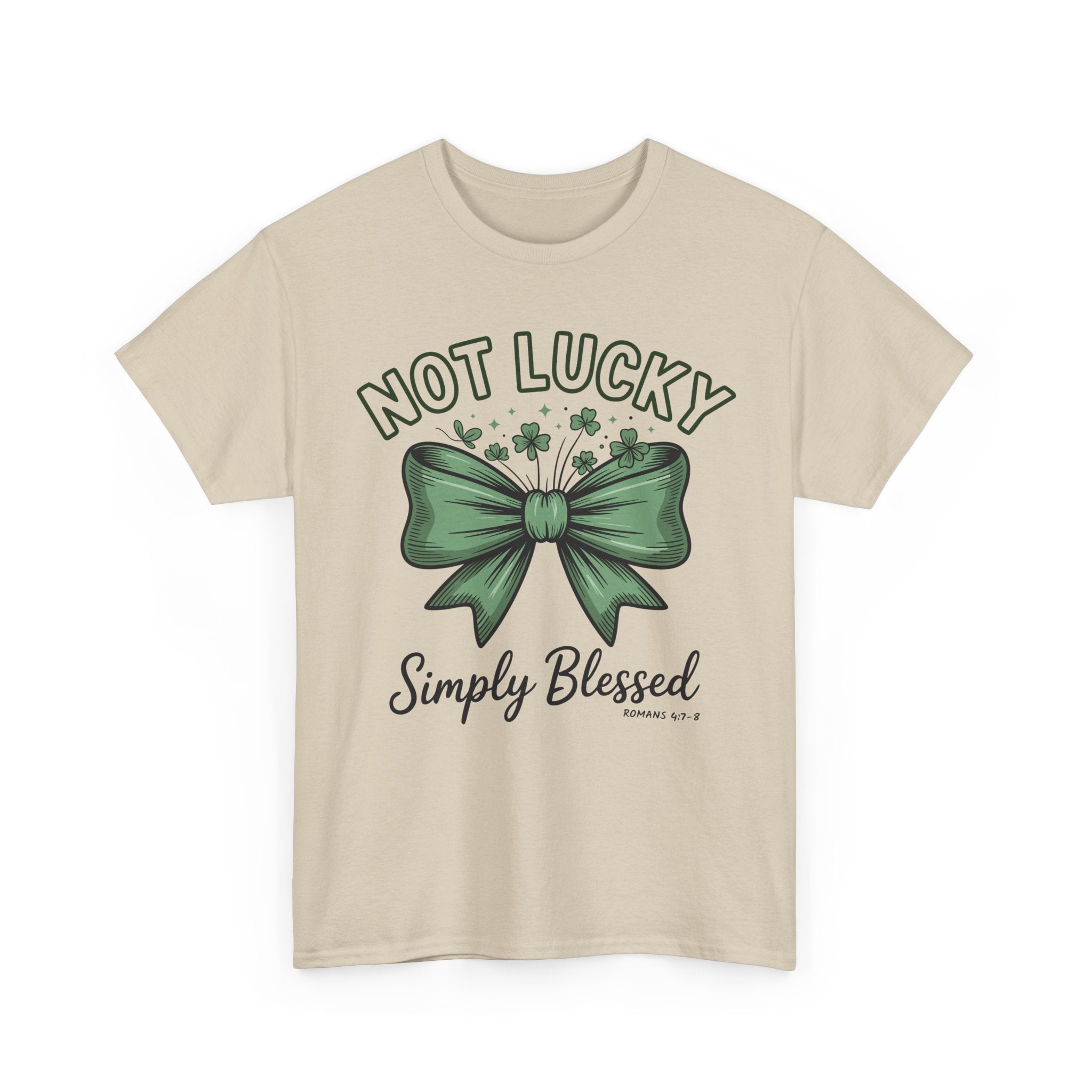 Not Lucky, Simply Blessed T-Shirt — Green Bow & Clovers St. Patrick’s Unisex Cotton Tee