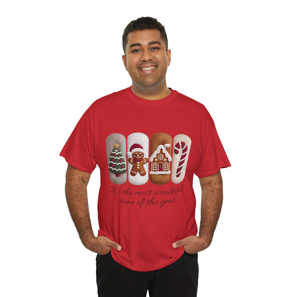 Christmas Faux-Yarn Tree Tee — Gingerbread House & Candy Cane Holiday Unisex Cotton T-Shirt