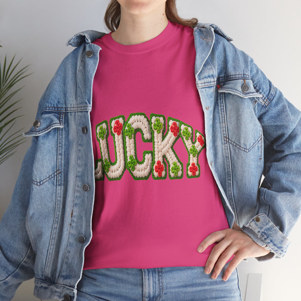 Lucky Crochet Clover T-Shirt — Faux-Yarn Embroidered St. Patrick’s Unisex Cotton Tee