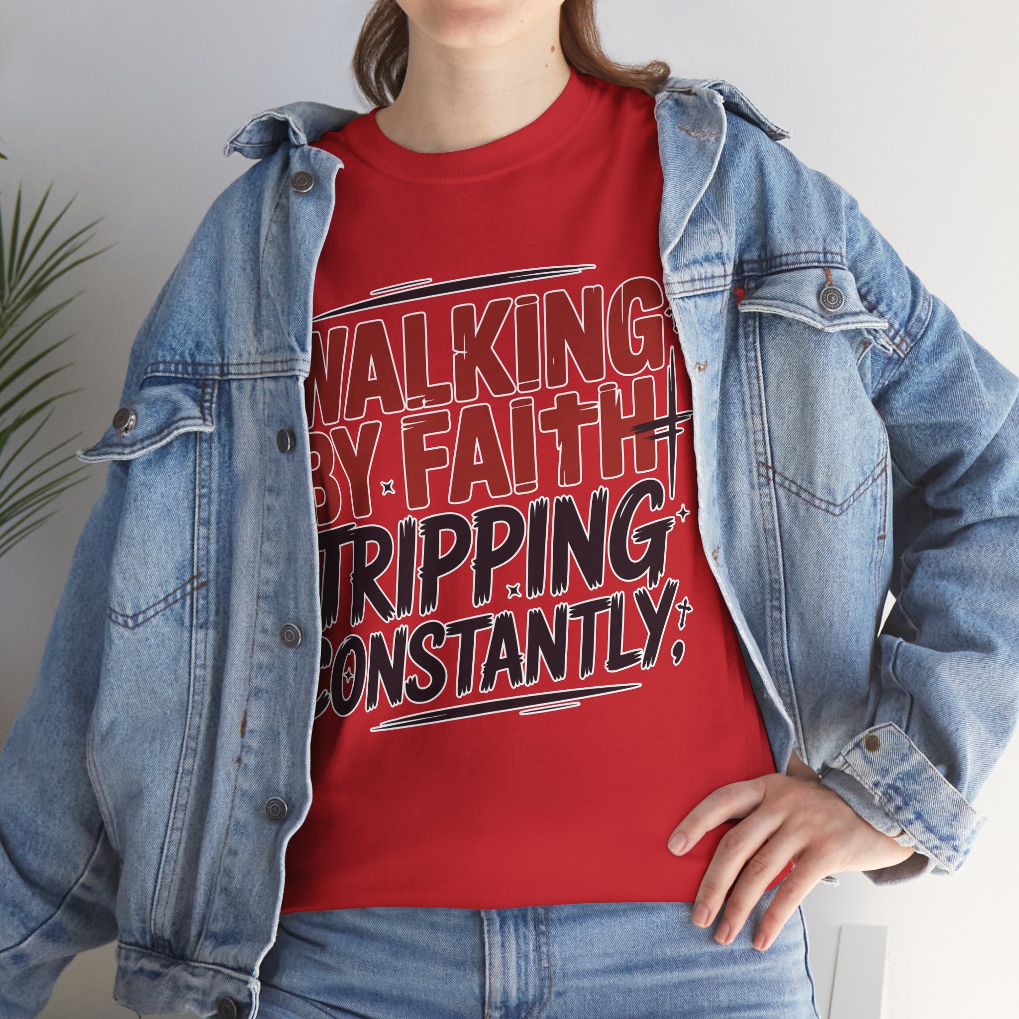 Walking by Faith, Tripping Constantly Unisex Cotton T-Shirt