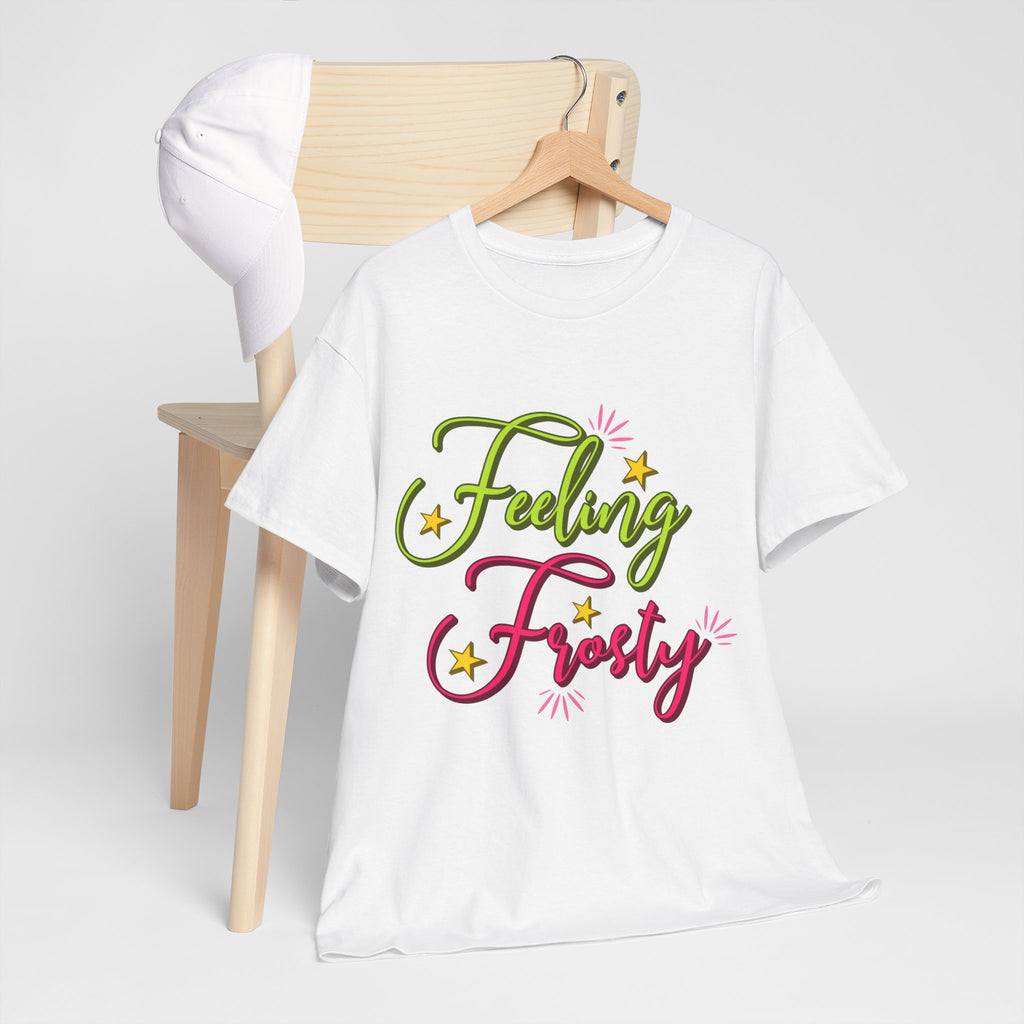 Feeling Frosty Holiday T-Shirt — Green & Pink Script Stars.Unisex Cotton Tee