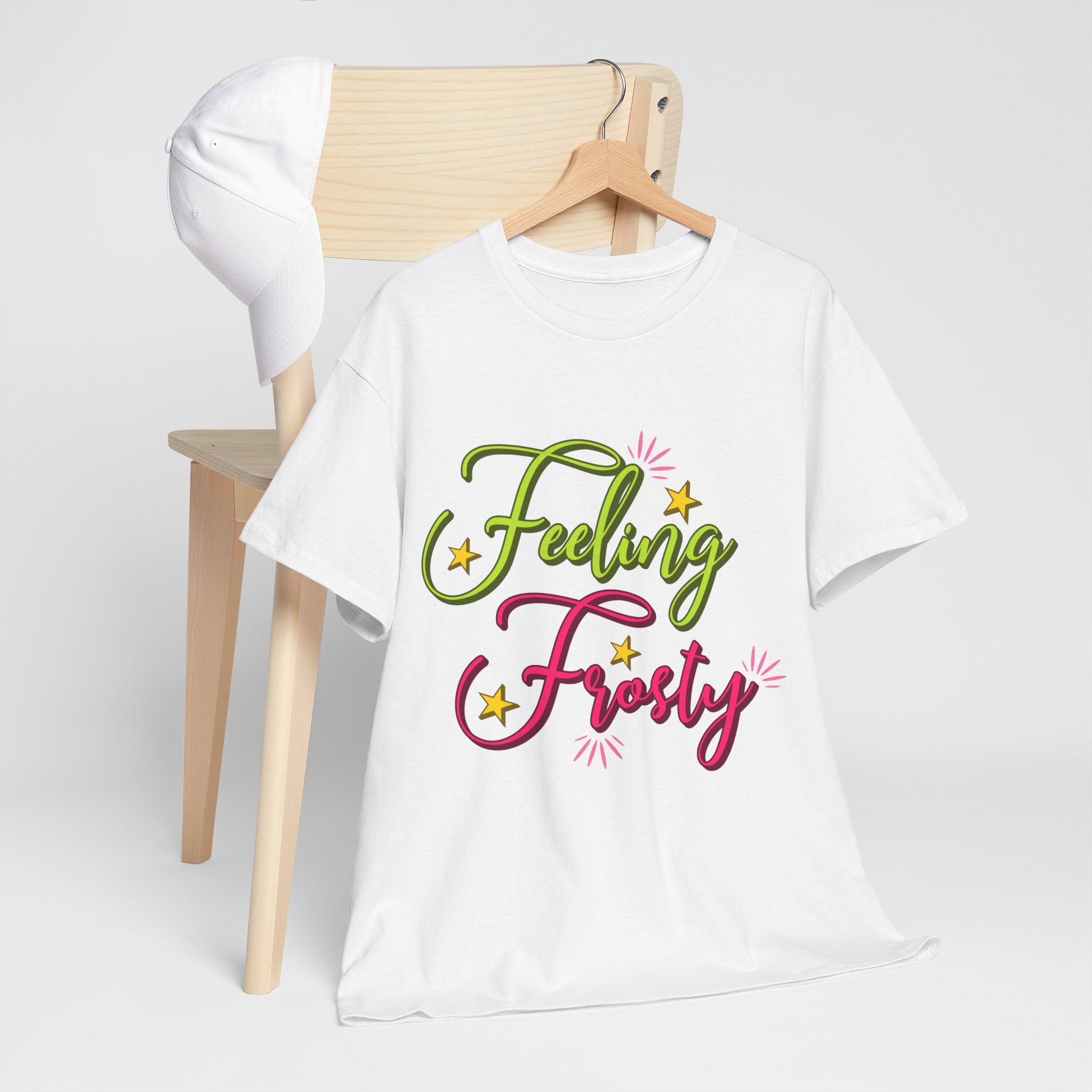 Feeling Frosty Holiday T-Shirt — Green & Pink Script Stars.Unisex Cotton Tee