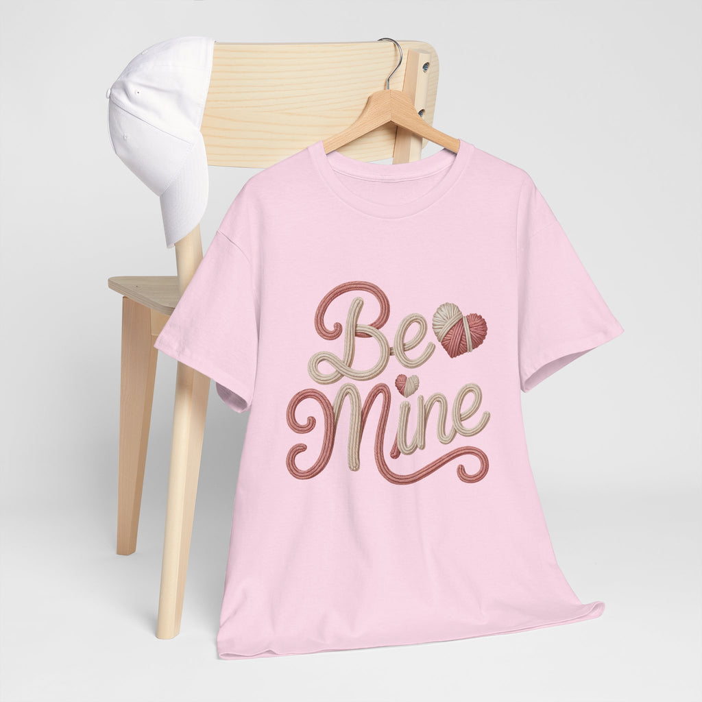 Be Mine Yarn Heart T-Shirt — Valentine’s Faux-Yarn Pink & Cream Unisex Cotton Tee