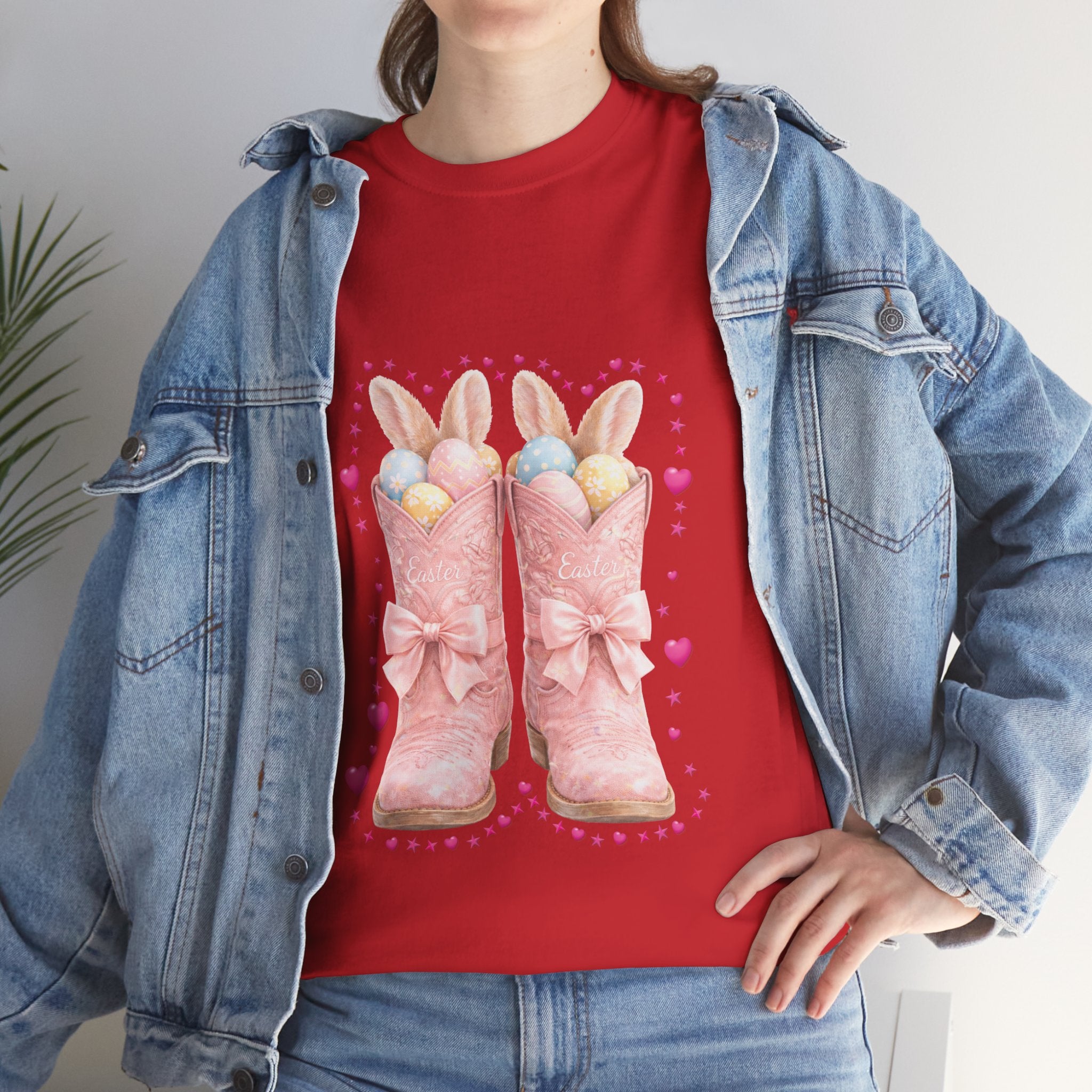 Easter Pink Western Boots Tee — Pastel Bunny Eggs & Bows Unisex Cotton Tee