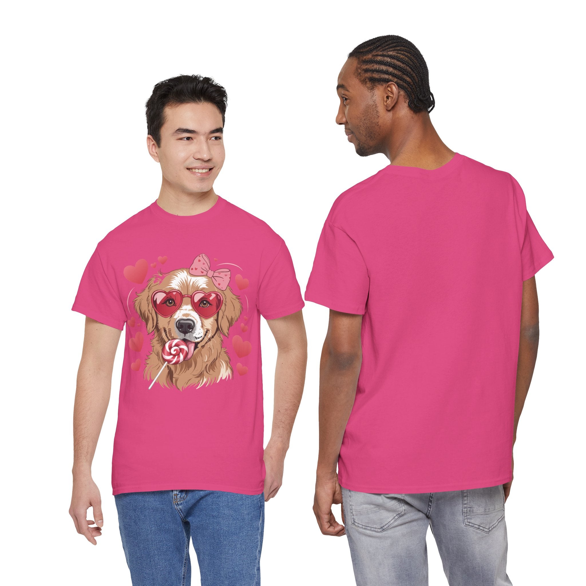 Valentine Dog T-Shirt — Cute Pup with Heart Glasses, Pink Bow & Lollipop..Unisex Cotton Tee