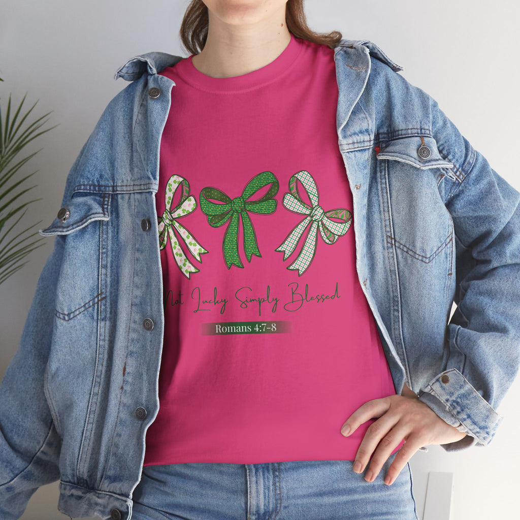 Not Lucky Simply Blessed Tee — Romans 4:7-8 Green Bow Christian Unisex Cotton T-Shirt