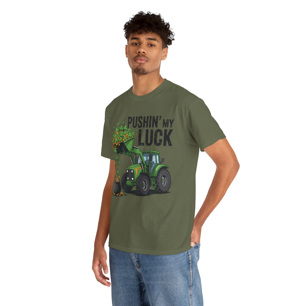 Pushin' My Luck Shamrock Tractor Tee — St. Patrick's Day Unisex Cotton T-Shirt