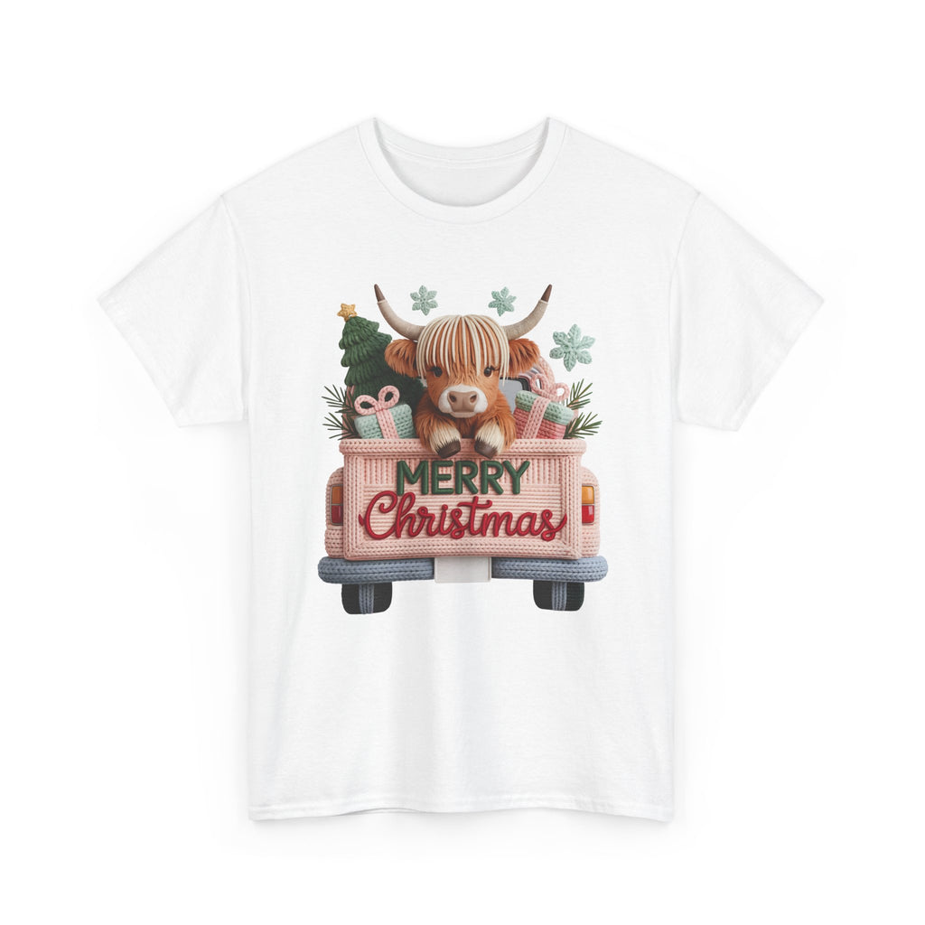 Merry Christmas Highland Cow Knit Truck Unisex Cotton T-Shirt