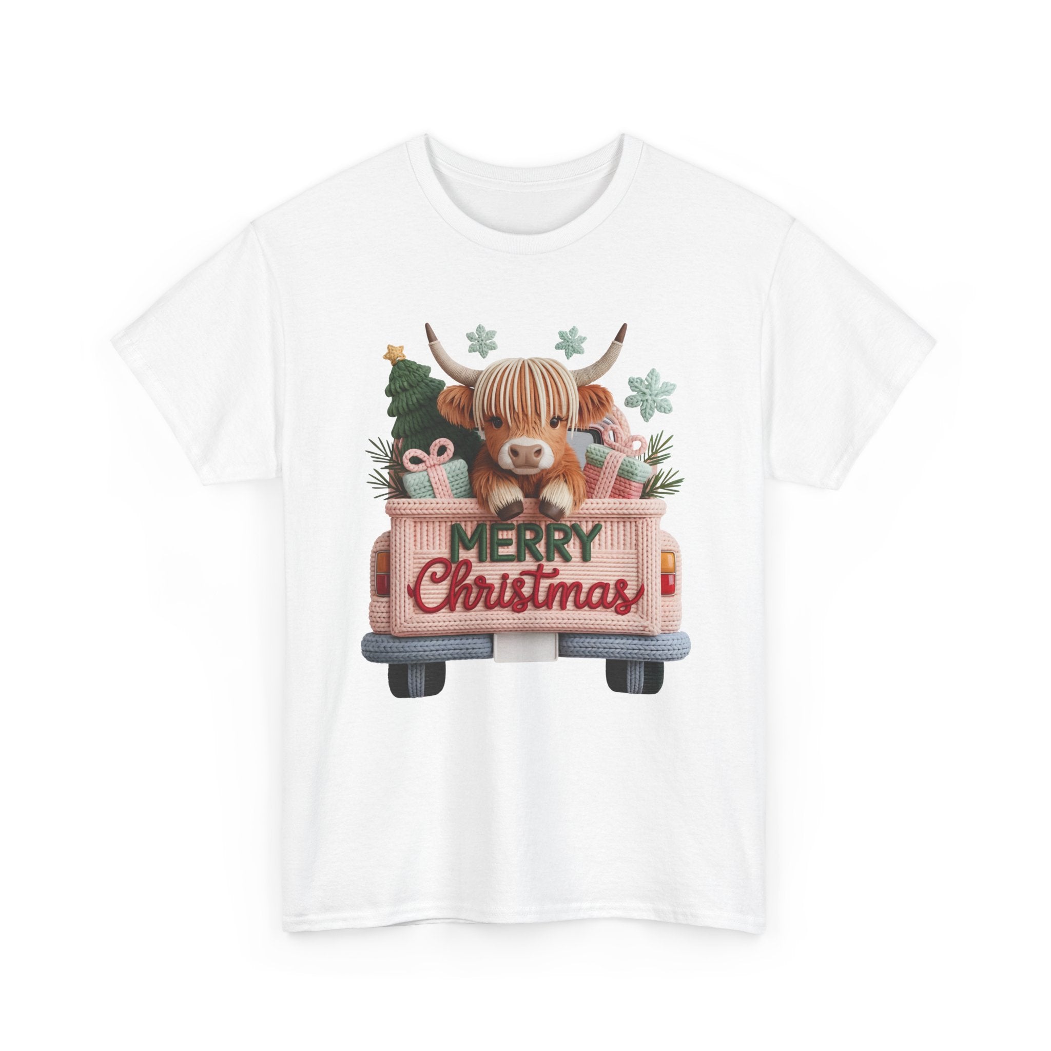 Merry Christmas Highland Cow Knit Truck Unisex Cotton T-Shirt