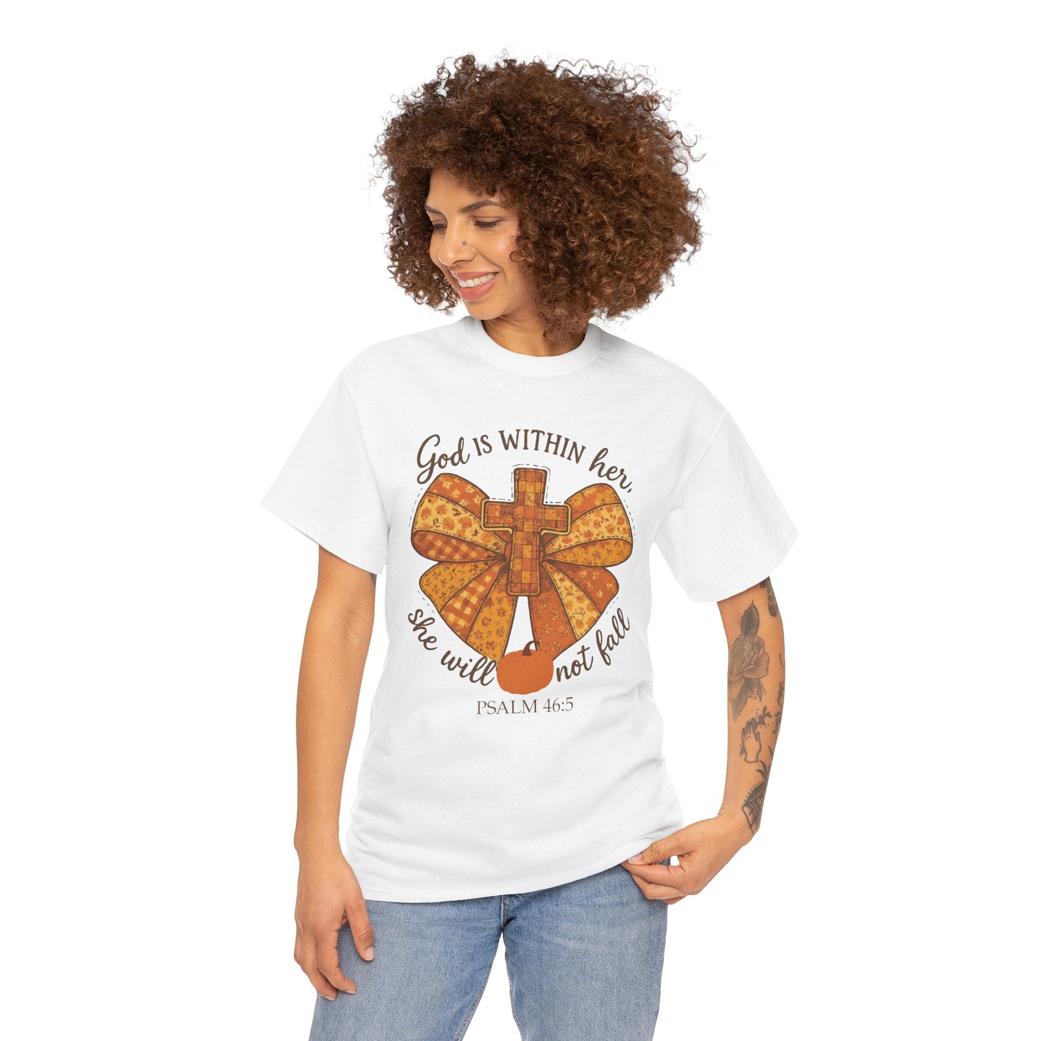Psalm 46:5 Cross Patchwork Tee — Fall Bow Christian Unisex Cotton T-Shirt
