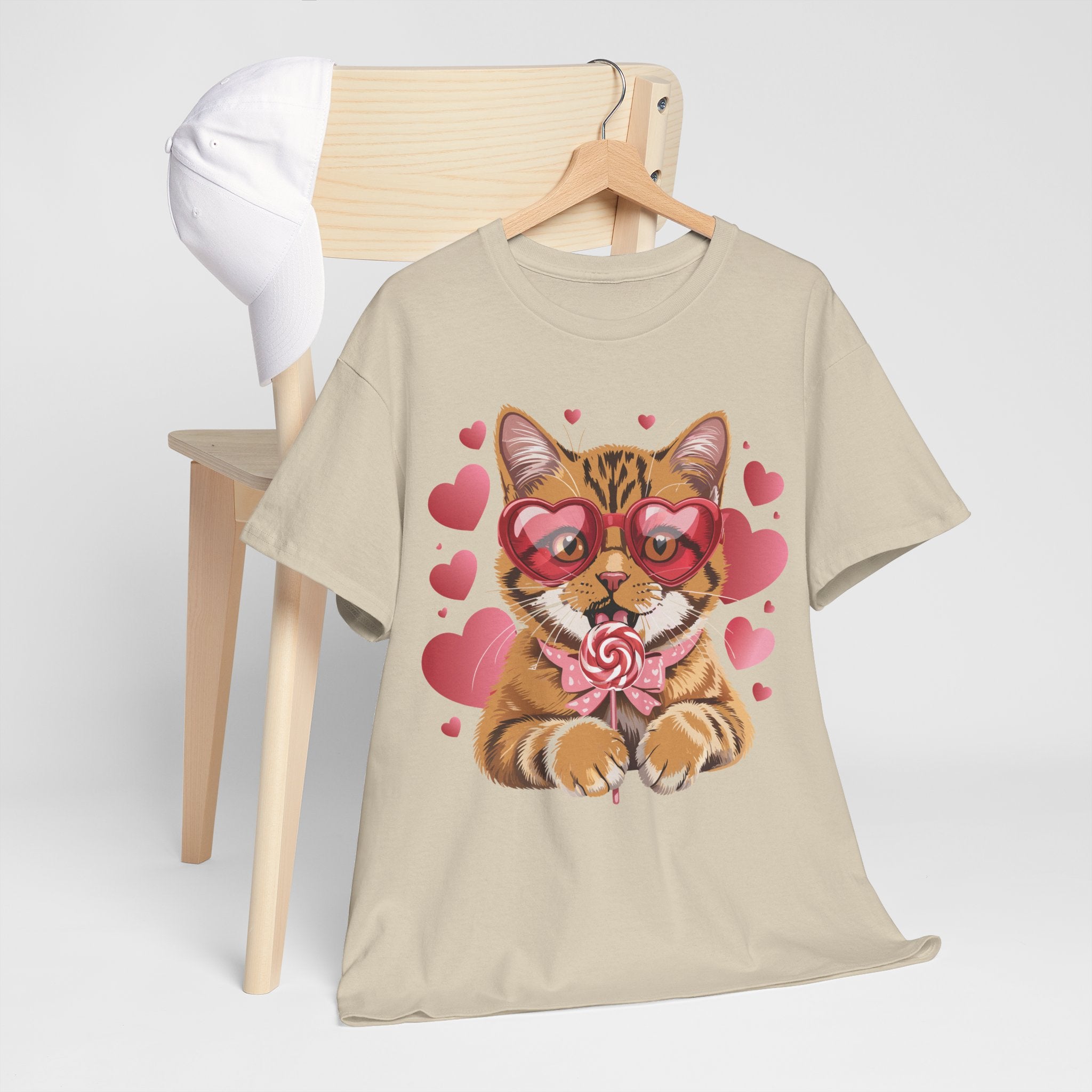 Valentine Cat Tee — Heart Glasses, Lollipop Bow Unisex Cotton Tee