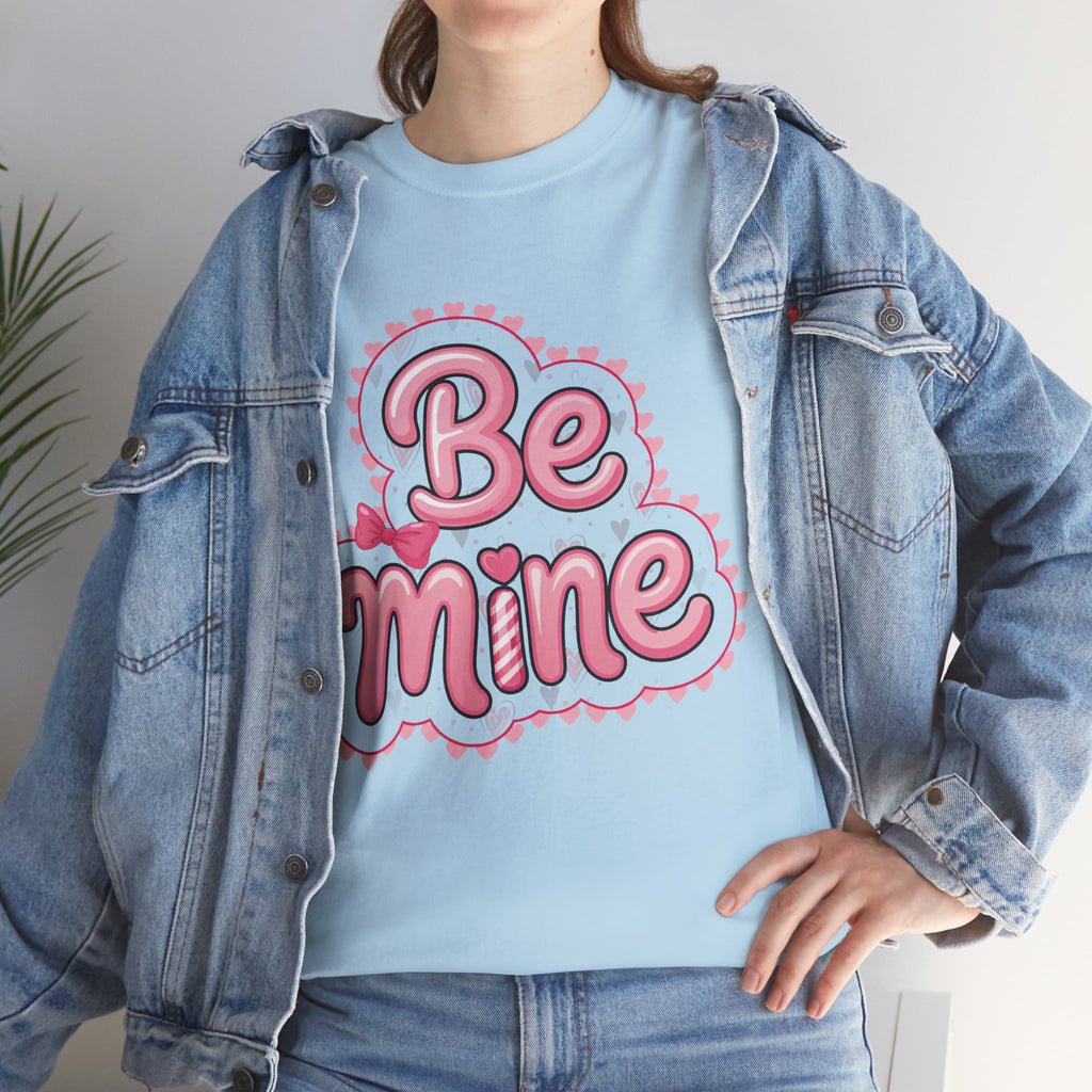 Be Mine Valentine T-Shirt — Pink Bubble Letters with Hearts & Bow..Unisex Cotton Tee