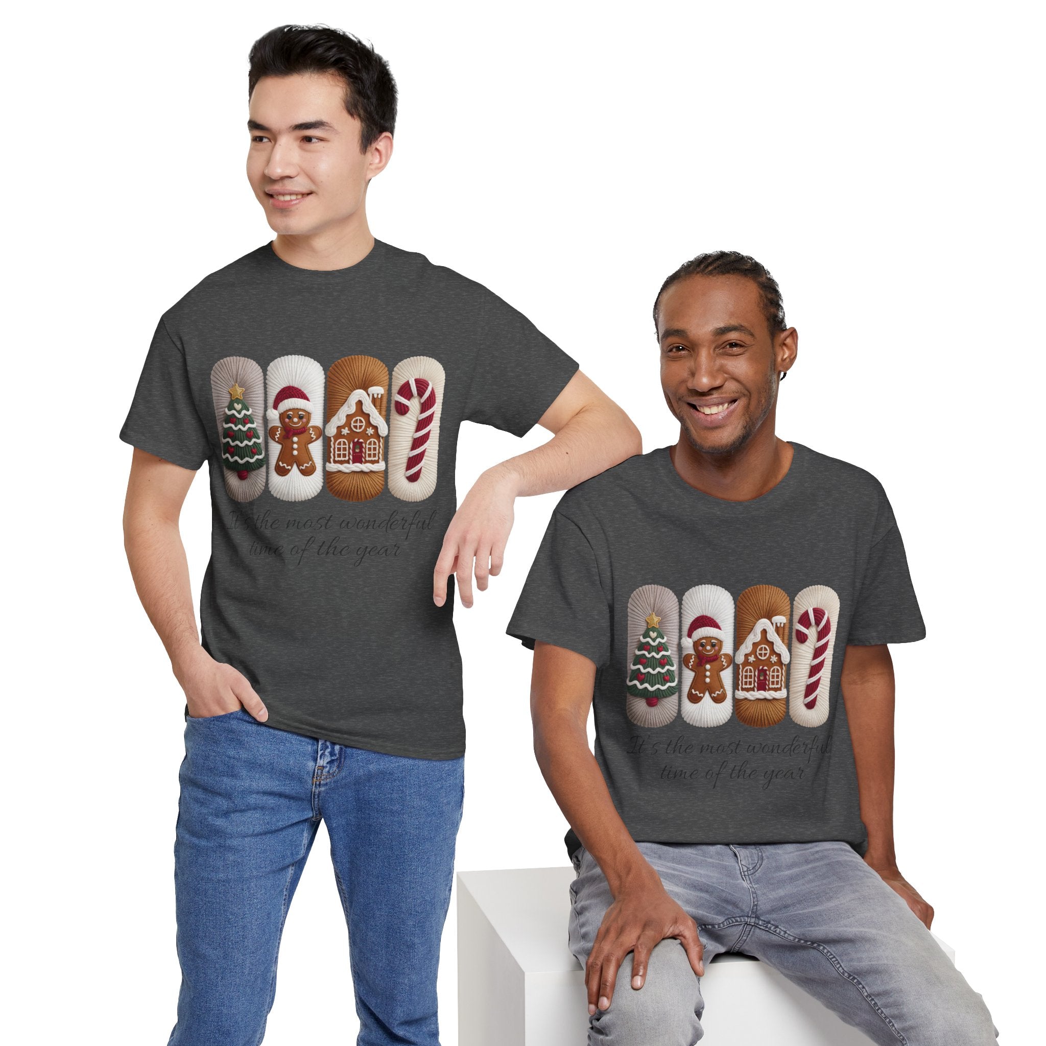 Christmas Faux-Yarn Tree Tee — Gingerbread House & Candy Cane Holiday Unisex Cotton T-Shirt