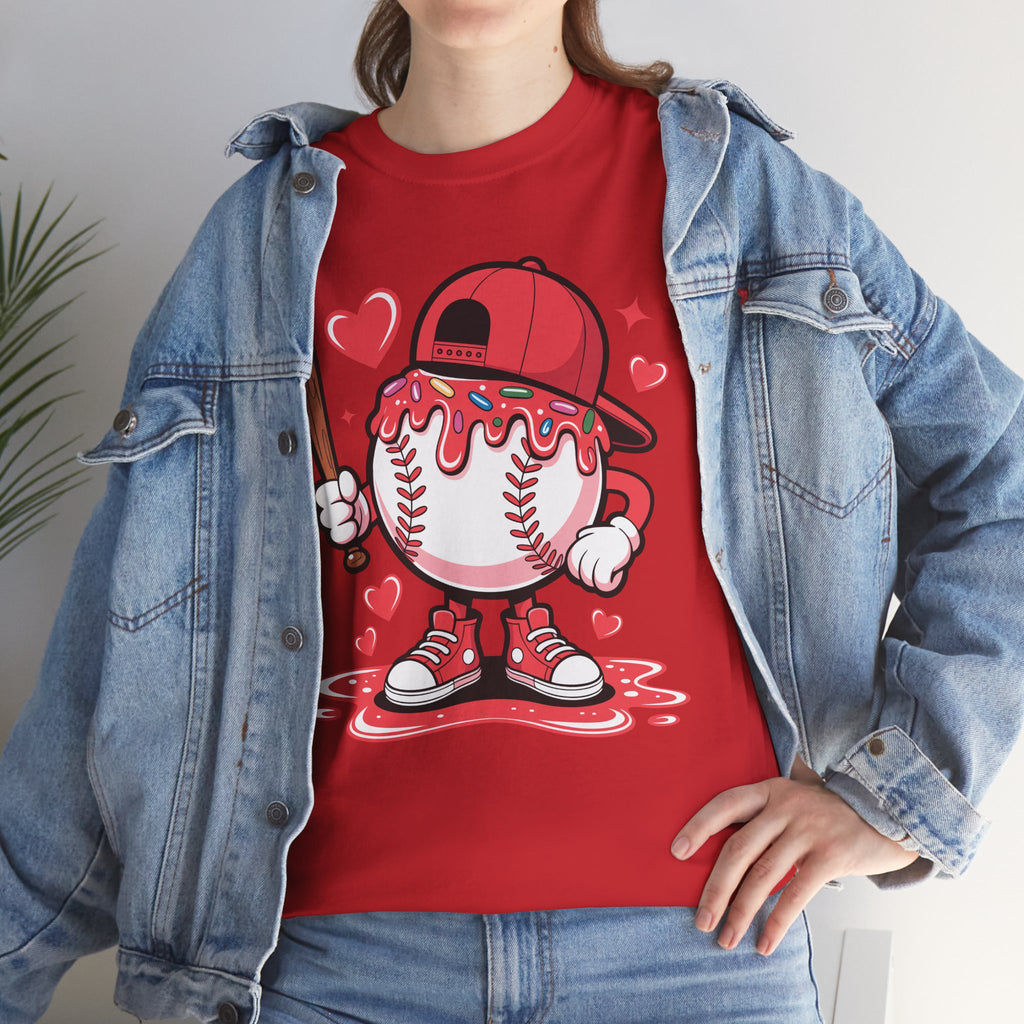 Cute Baseball Character T-Shirt — Red Cap & Icing Top Graphic with Hearts Unisex Cotton Tee