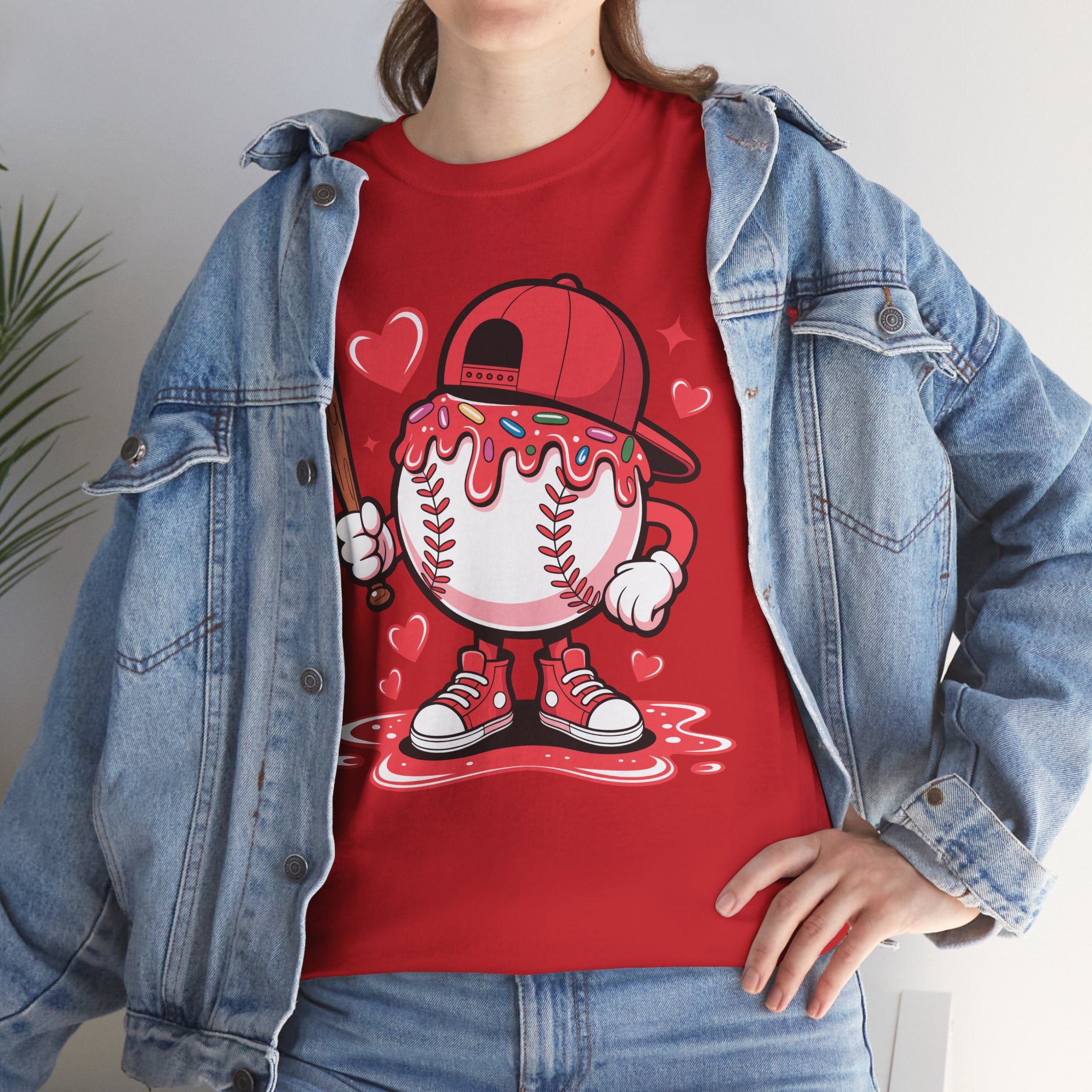 Cute Baseball Character T-Shirt — Red Cap & Icing Top Graphic with Hearts Unisex Cotton Tee
