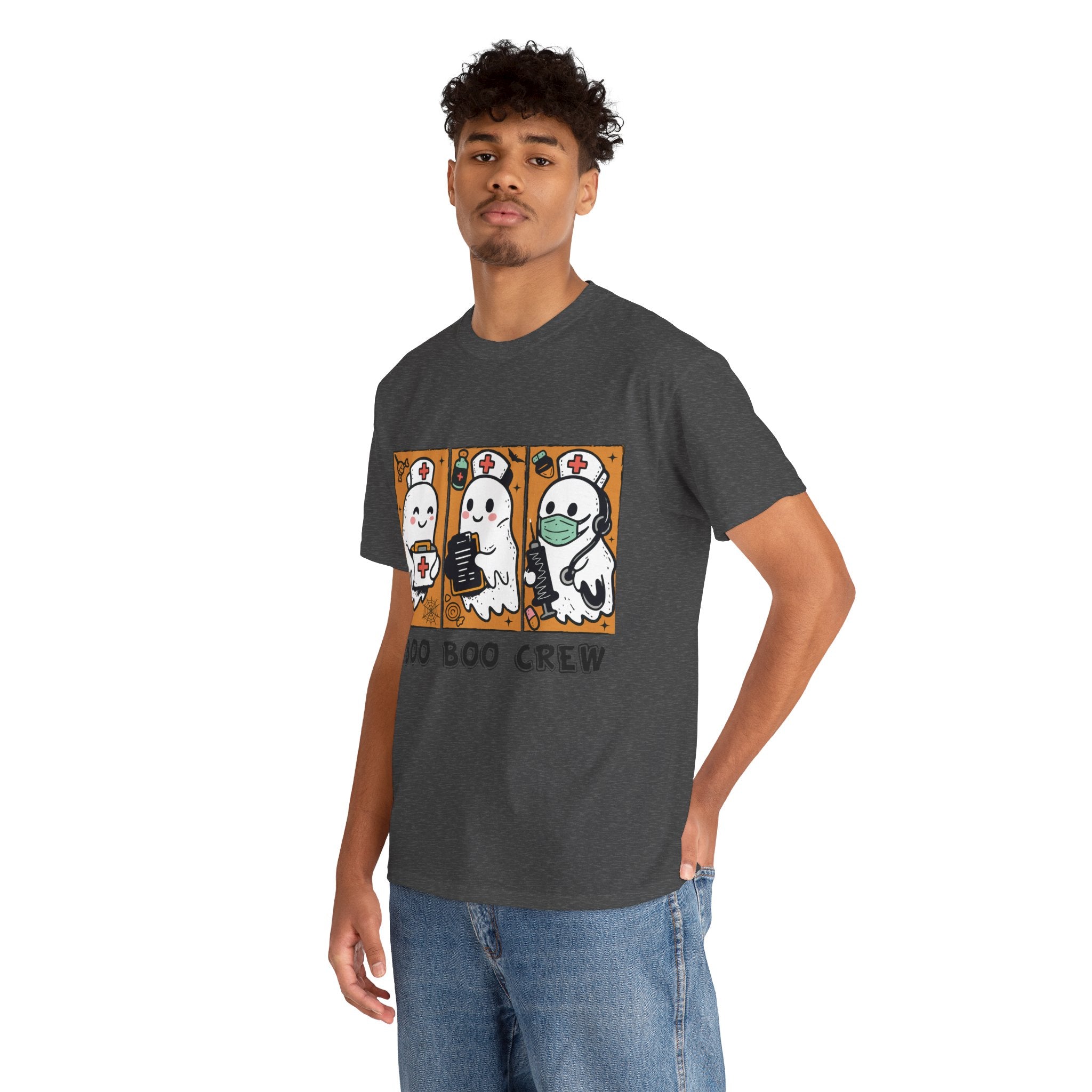 Halloween Nurse T-Shirt — Ghost Nurses Holding Medical Tools on Orange Unisec Cotton Tee