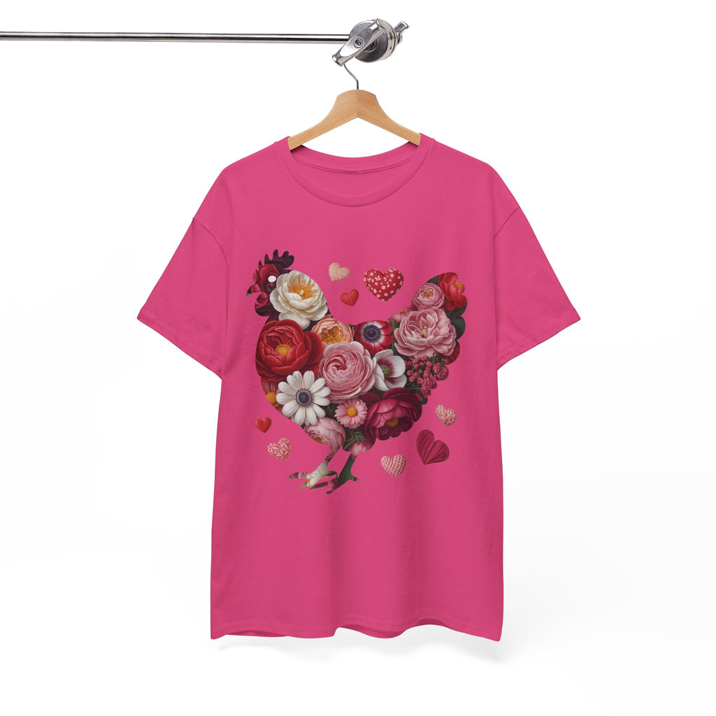 Floral Chicken Heart Tee — Red & Pink Flower Silhouette Unisex Cotton Tee