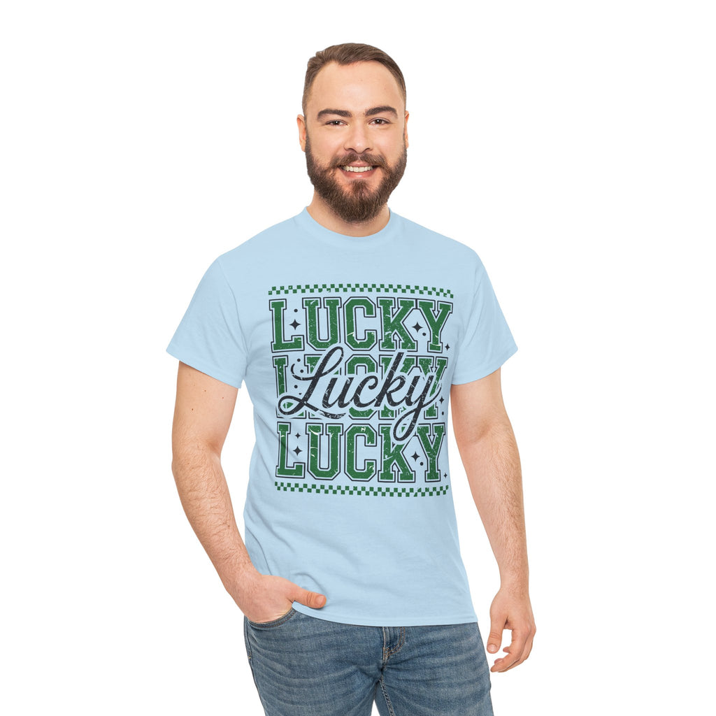 Lucky Varsity Tee — Layered Green ‘Lucky’ Graphic Unisex Cotton Tee