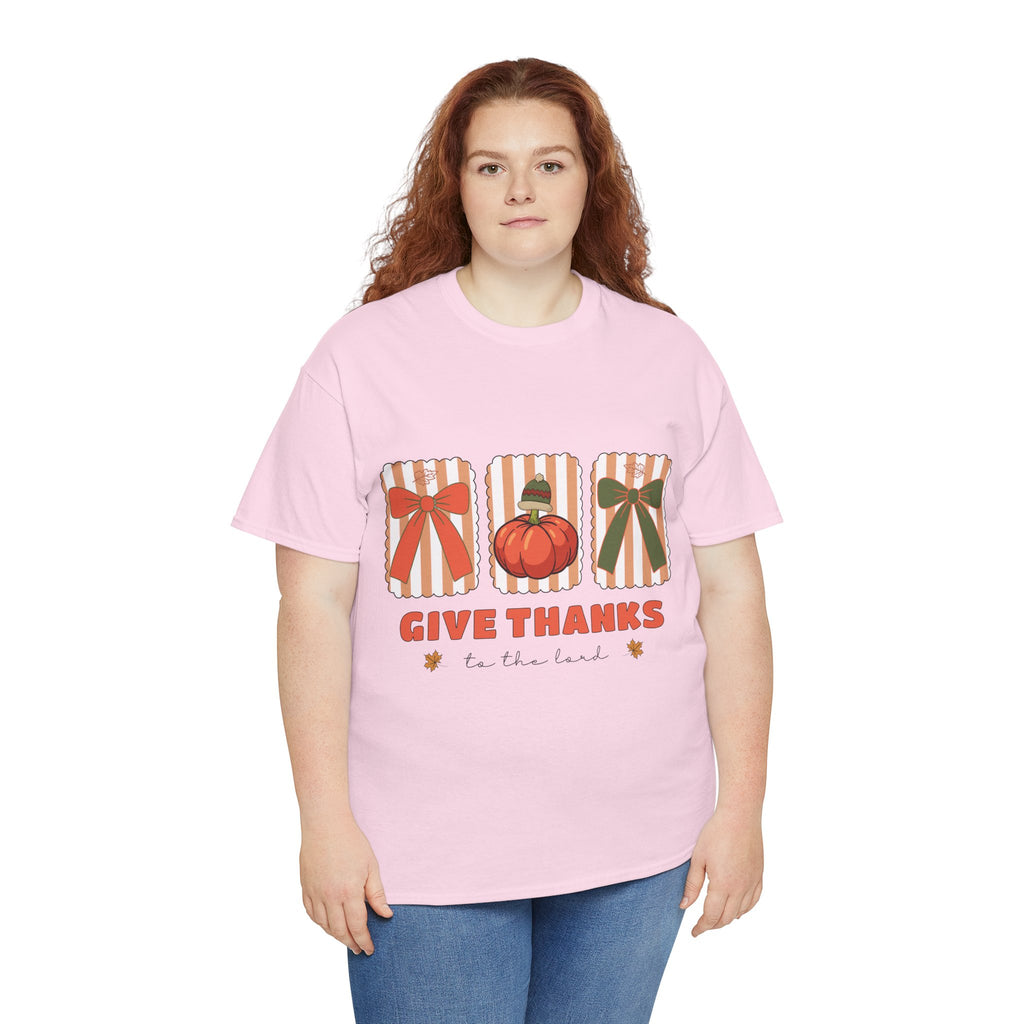Give Thanks Thanksgiving T-Shirt — Pumpkin with Hat & Bows Unisex Cotton Tee