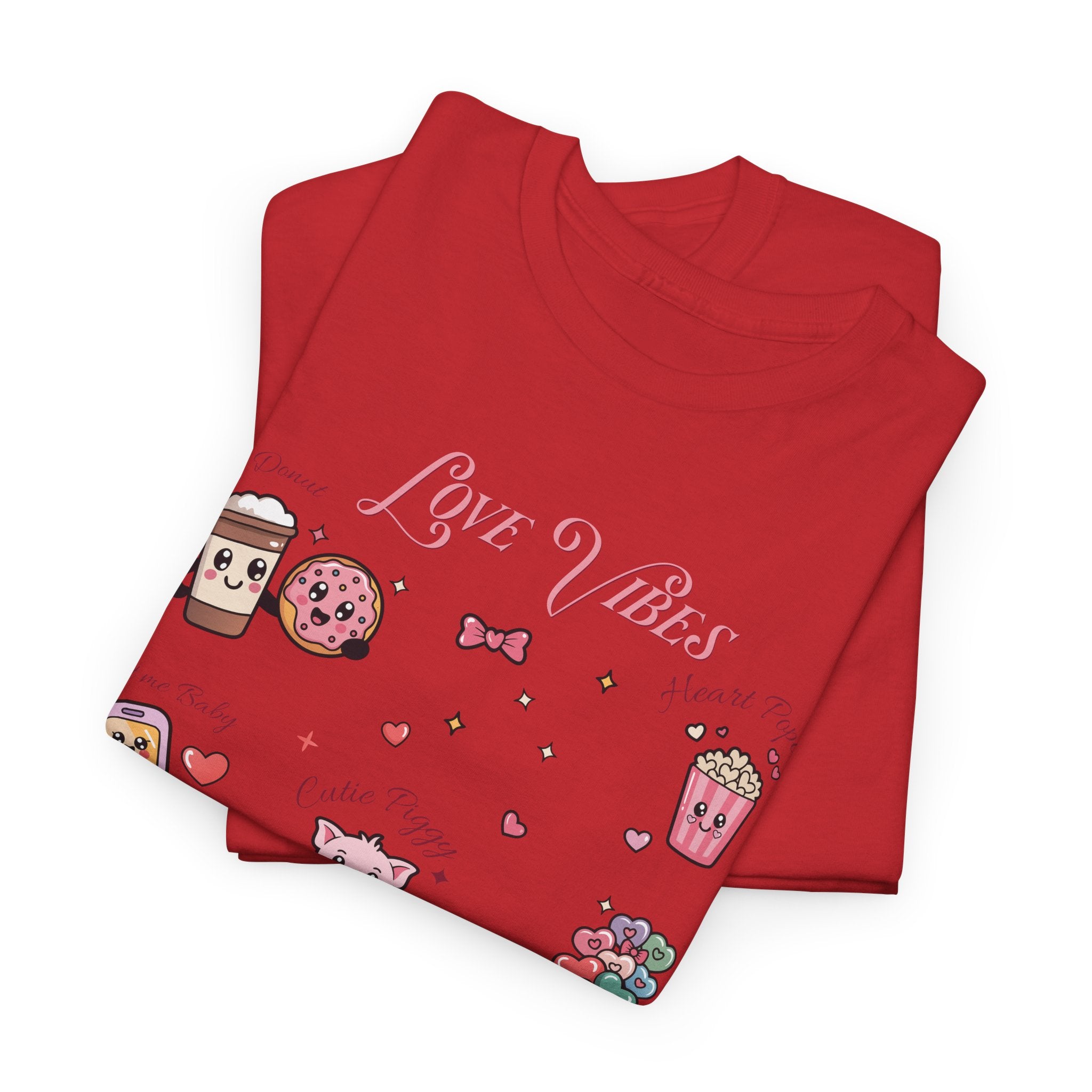 Love Vibes Kawaii Valentine T-Shirt — Cute Donut, Coffee & Piglet Design Unisex Cotton Tee