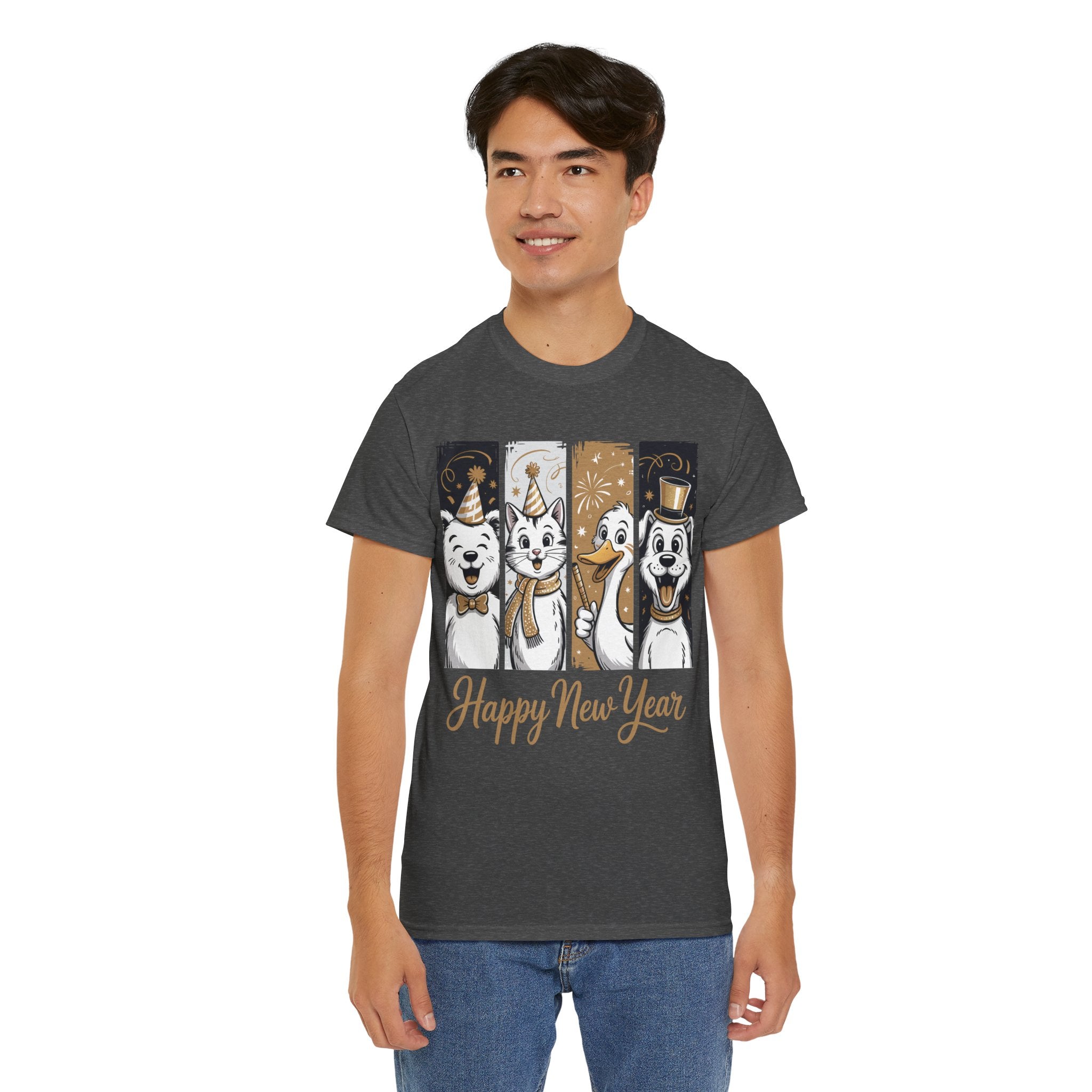 Happy New Year Party Animals T-Shirt — Cute Smiling Animals in Party Hats & Gold Fireworks..Unisex Cotton Tee