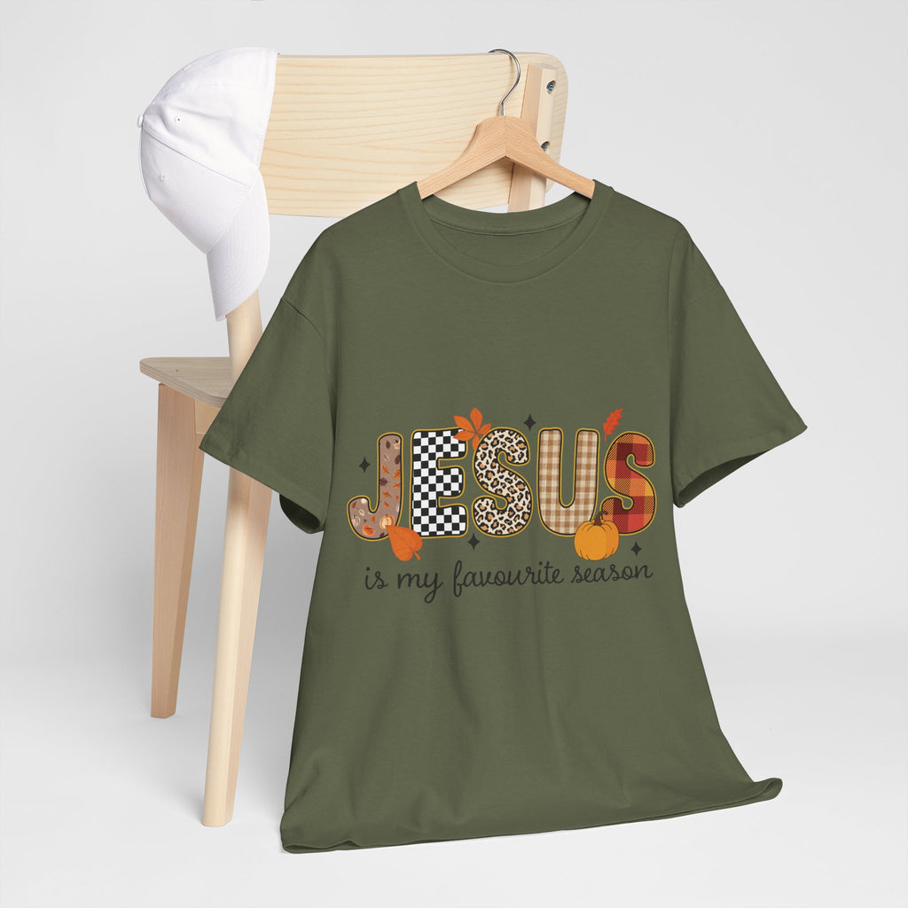 Jesus Is My Favorite Season Tee — Autumn Plaid & Leopard Lettering Unisex Cotton Tee
