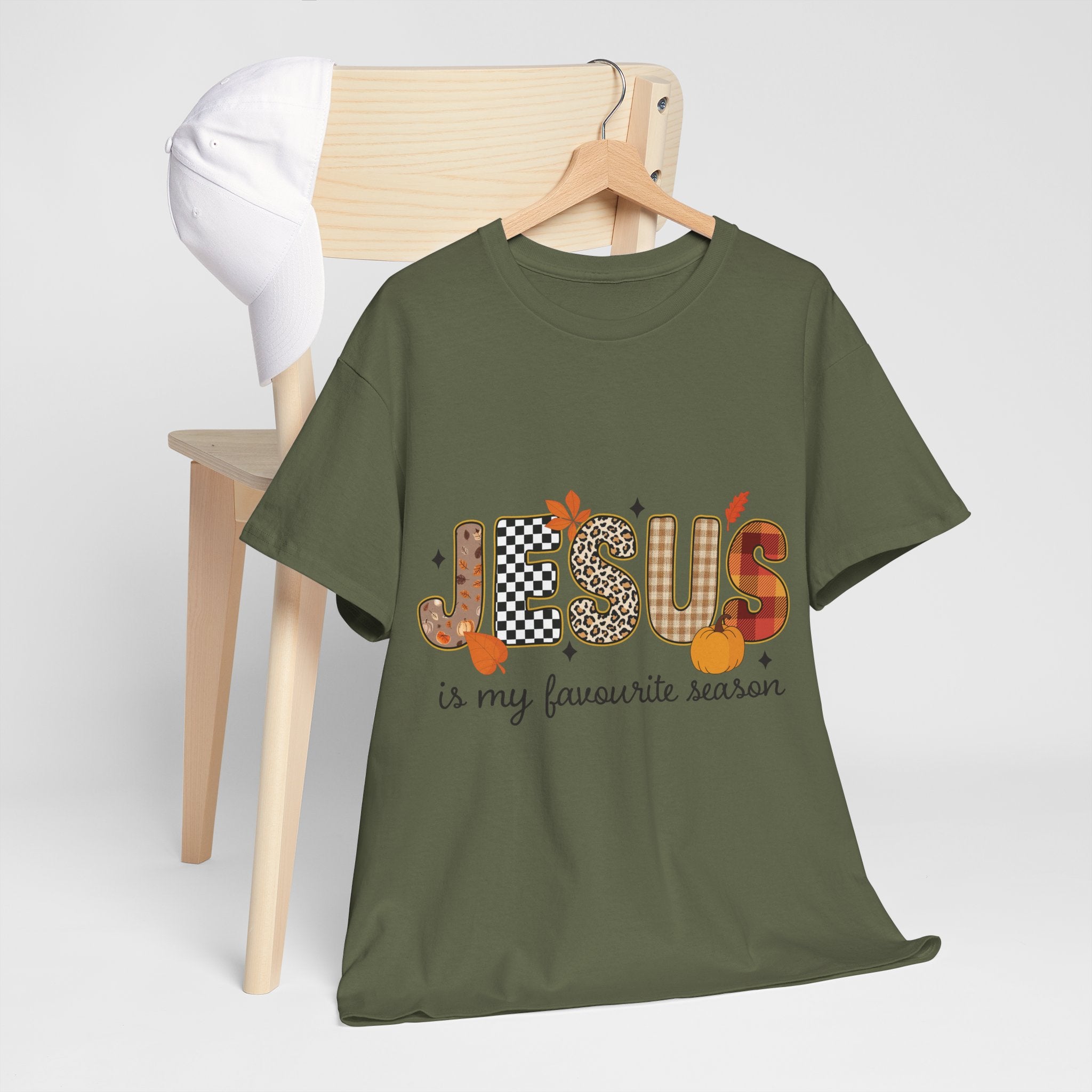 Jesus Is My Favorite Season Tee — Autumn Plaid & Leopard Lettering Unisex Cotton Tee