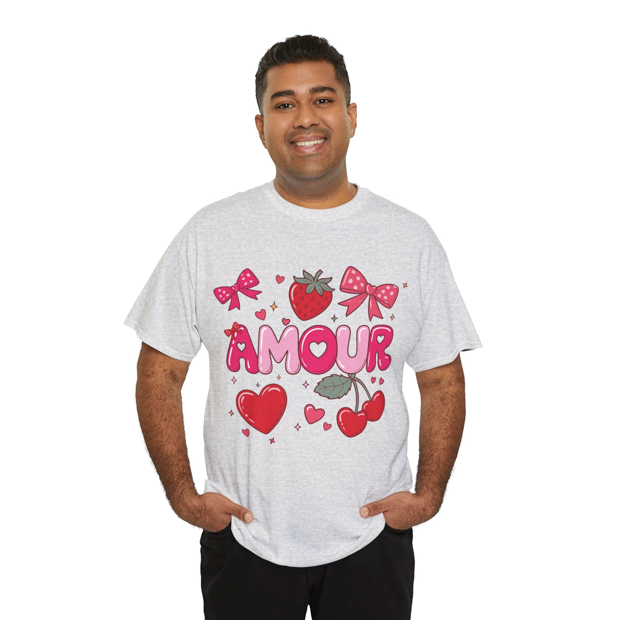 Amour Pink Hearts Tee — Shiny Lettering with Bows, Cherries & Strawberry Accent...Unisex Cotton Tee