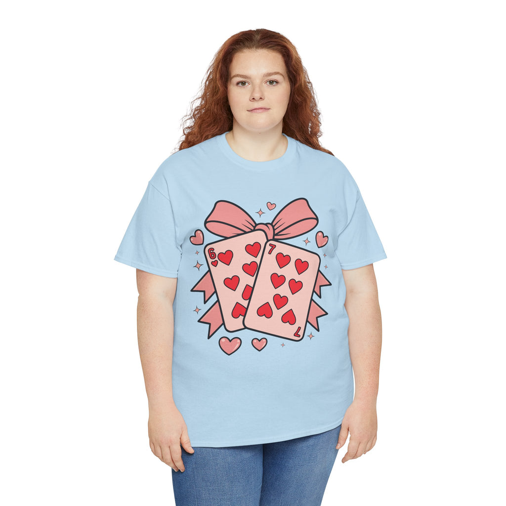 6 & 7 of Hearts T-Shirt — Paired Playing Cards with Pink Bow Unisex Cotton Tee