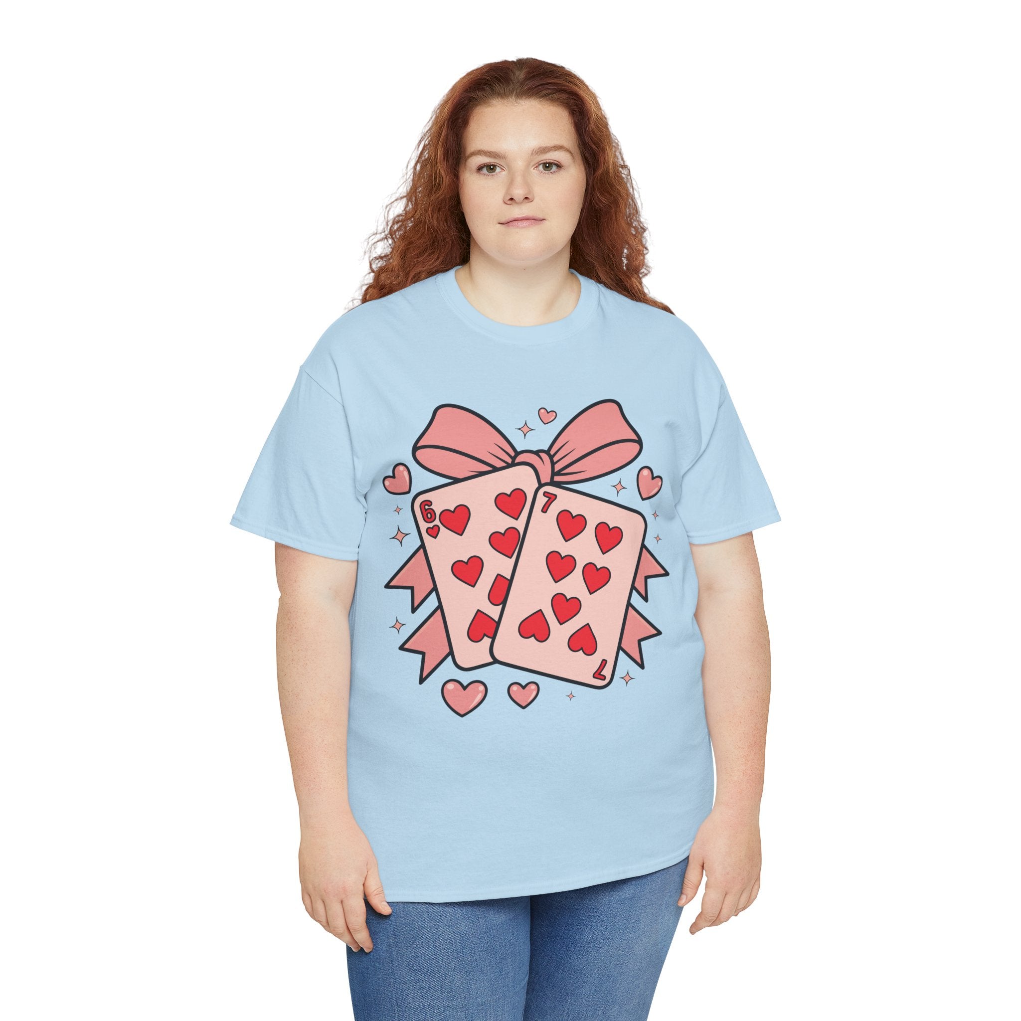 6 & 7 of Hearts T-Shirt — Paired Playing Cards with Pink Bow Unisex Cotton Tee