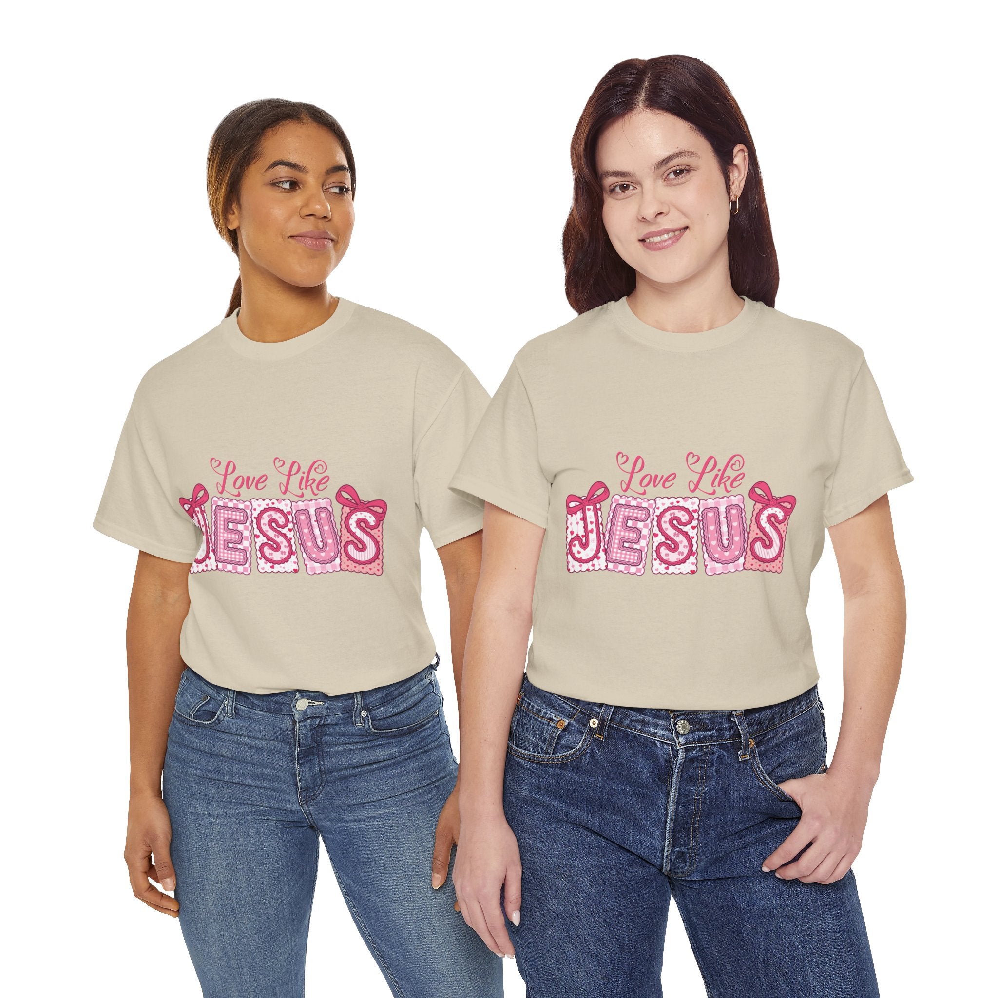 Love Like Jesus Patchwork Tee — Pink Stitched Heart Graphic.Unisex Cotton Tee