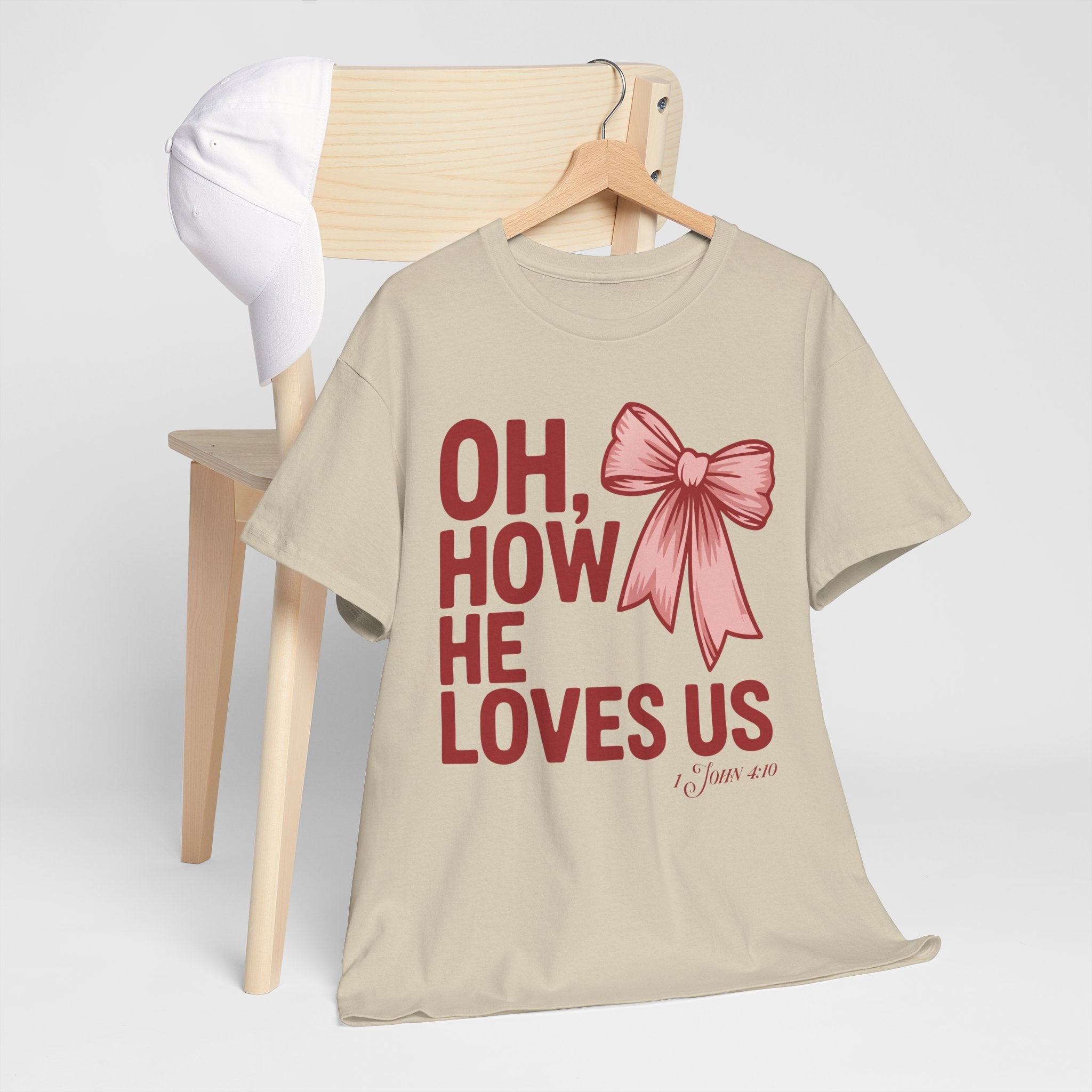 Oh, How He Loves Us Christian Valentine Tee — 1 John 4:10 Red & Pink Unisex Cotton Tee