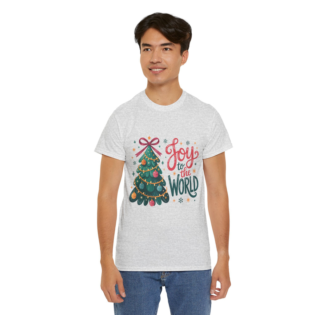 Joy to the World Christmas Tee — Festive Tree with Pink Bow..Unisex Cotton Tee