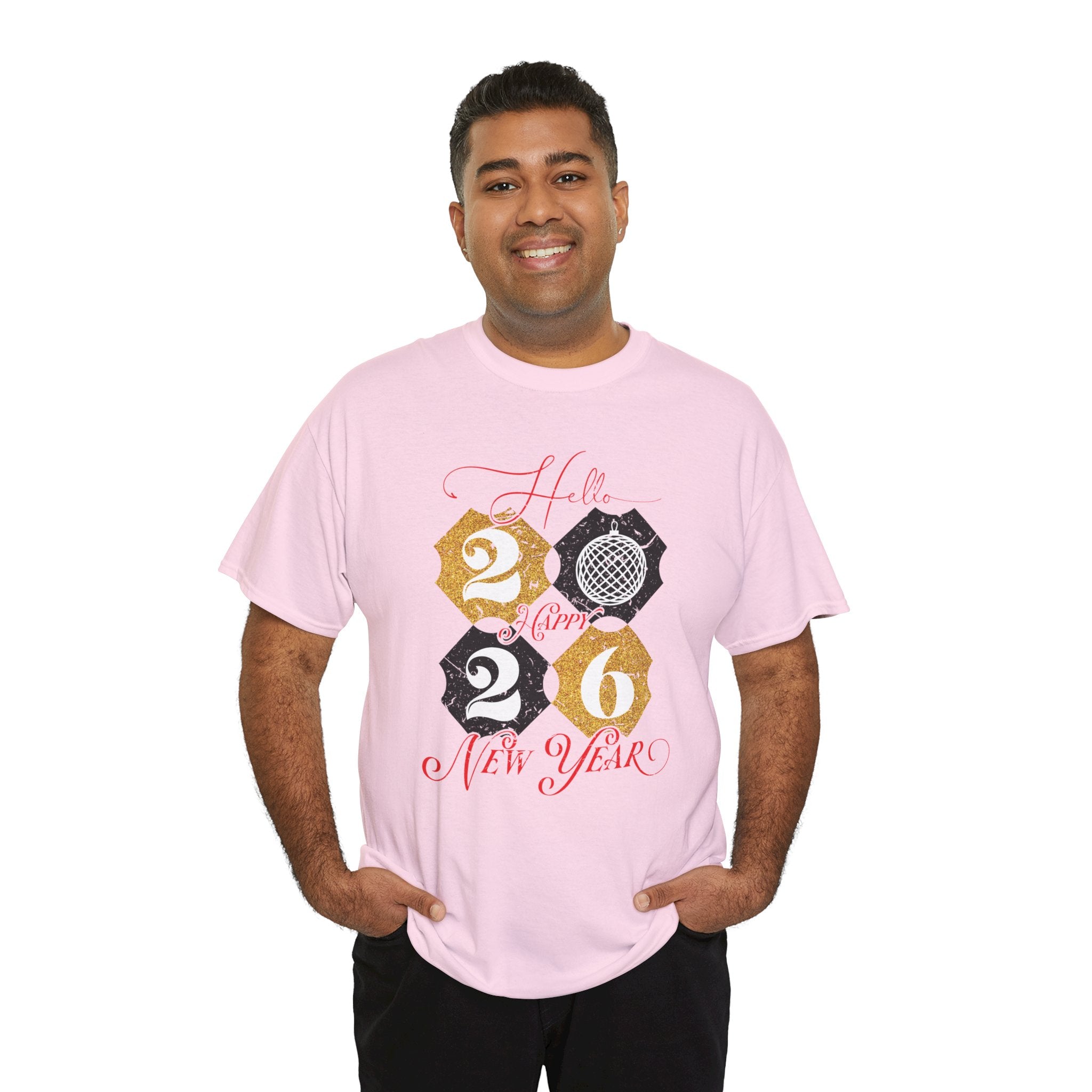 2026 Happy New Year Pink Varsity Tee — Fireworks Party Graphic.Unisex Cotton Tee